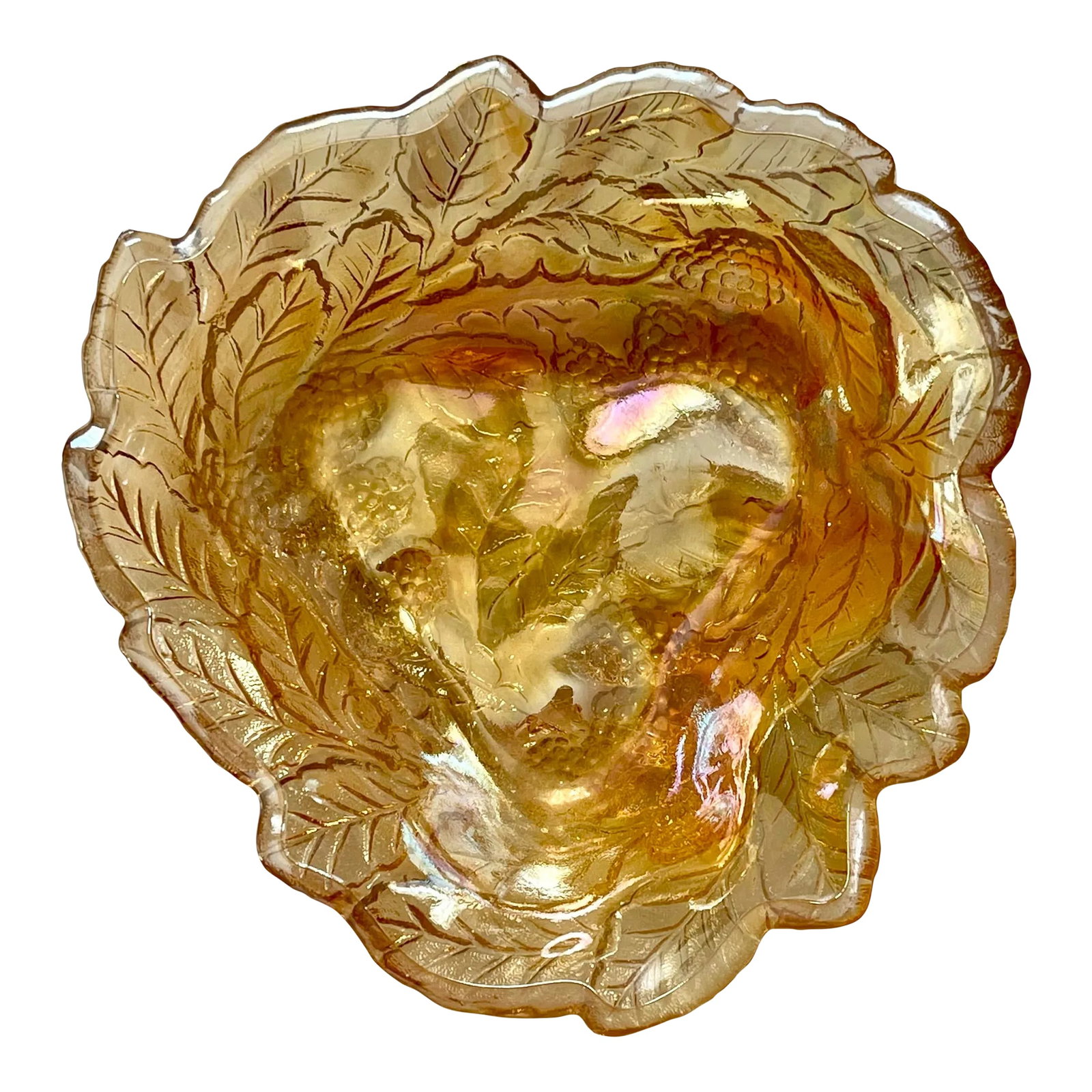 Mid 20th Century Indiana Glass Raspberry Carnival Glass Dish: An interesting fruit and leaf pattern dish made by the Indiana Glass Company in Indianapolis. It is triangular in shape and made of iridescent style known as carnival glass which was produced in a var