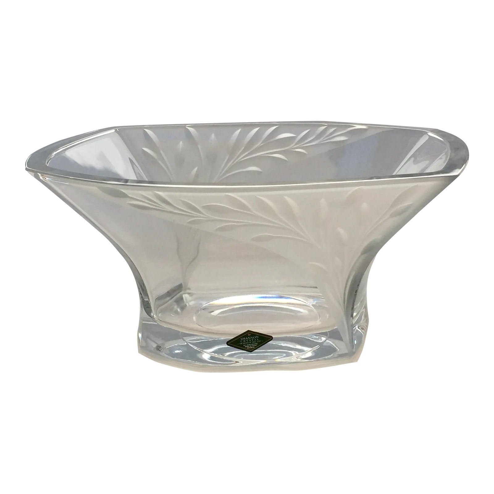 1990s Shannon Lead Crystal Display Bowl: Beautiful Heavy SHANNON Lead Crystal Display Bowl with Original Label. Asymmetrical design with clear and frosted pattern. Just stunning! Previously Owned, In good condition. Measures 12" x 9" and is