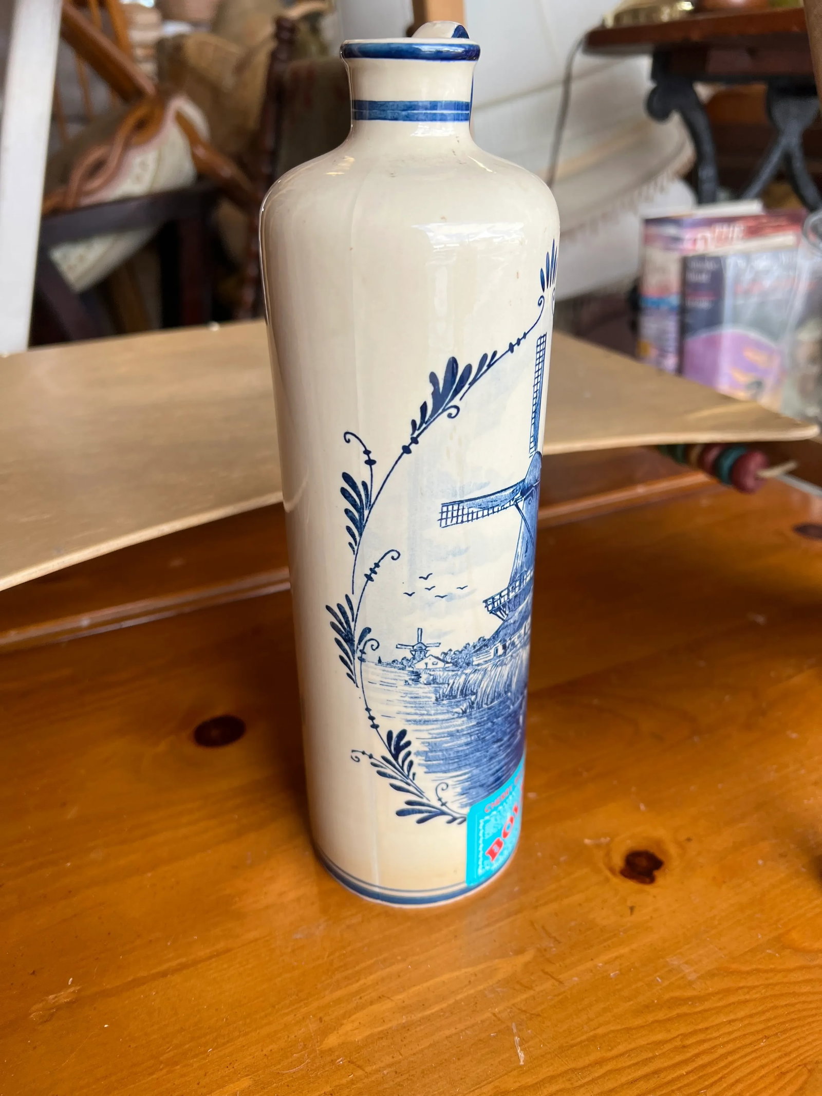 1970 Blue Delft Bols Windmill Decanter Liquor Bottle - 3