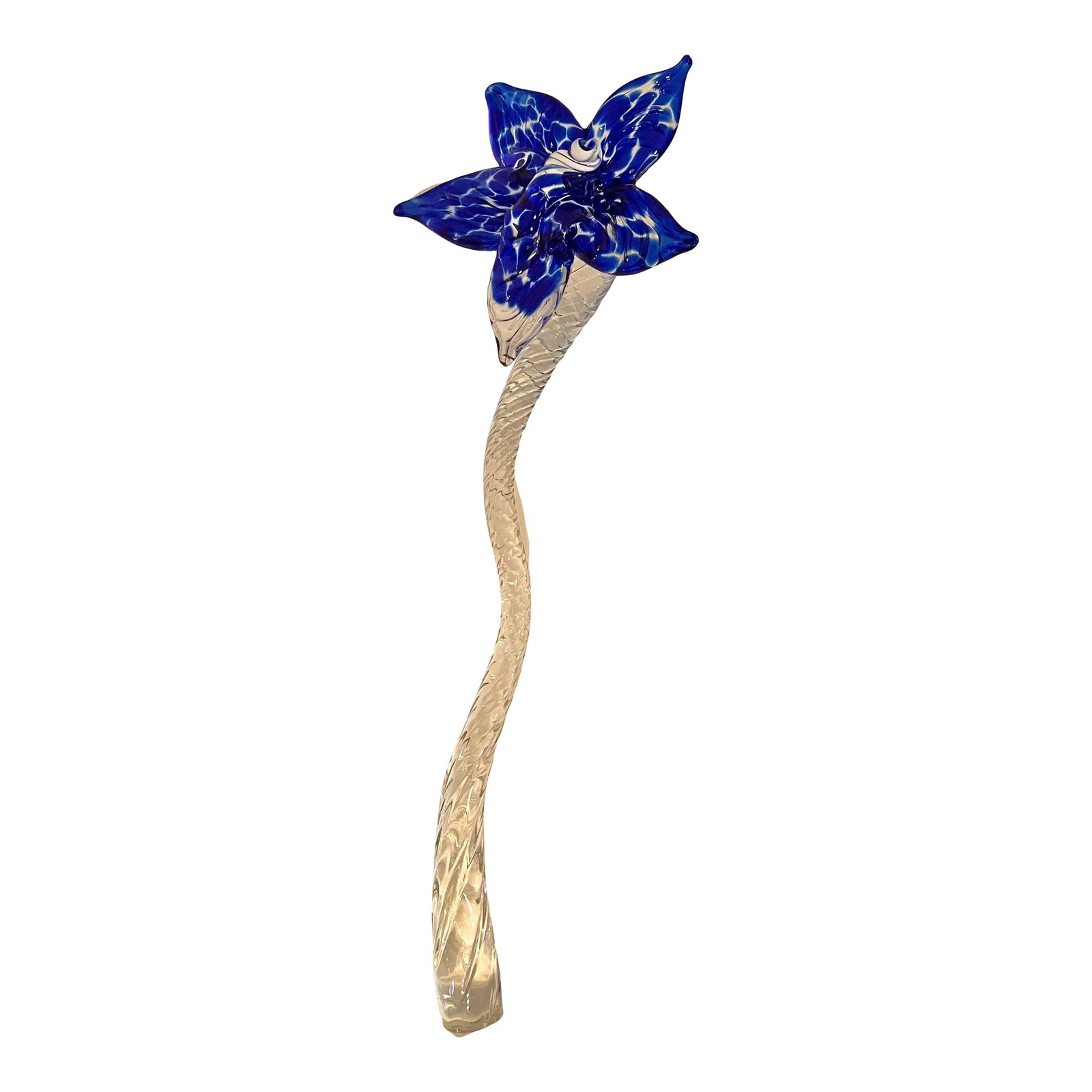 Glass Art Murano Style Long Stem Flower: Beautiful blown glass art of a flower measuring 14.5" long and the span of the pedals are 5" . The stem is clear and the pedals are blue. No markings but was told this was Murano from the estate it
