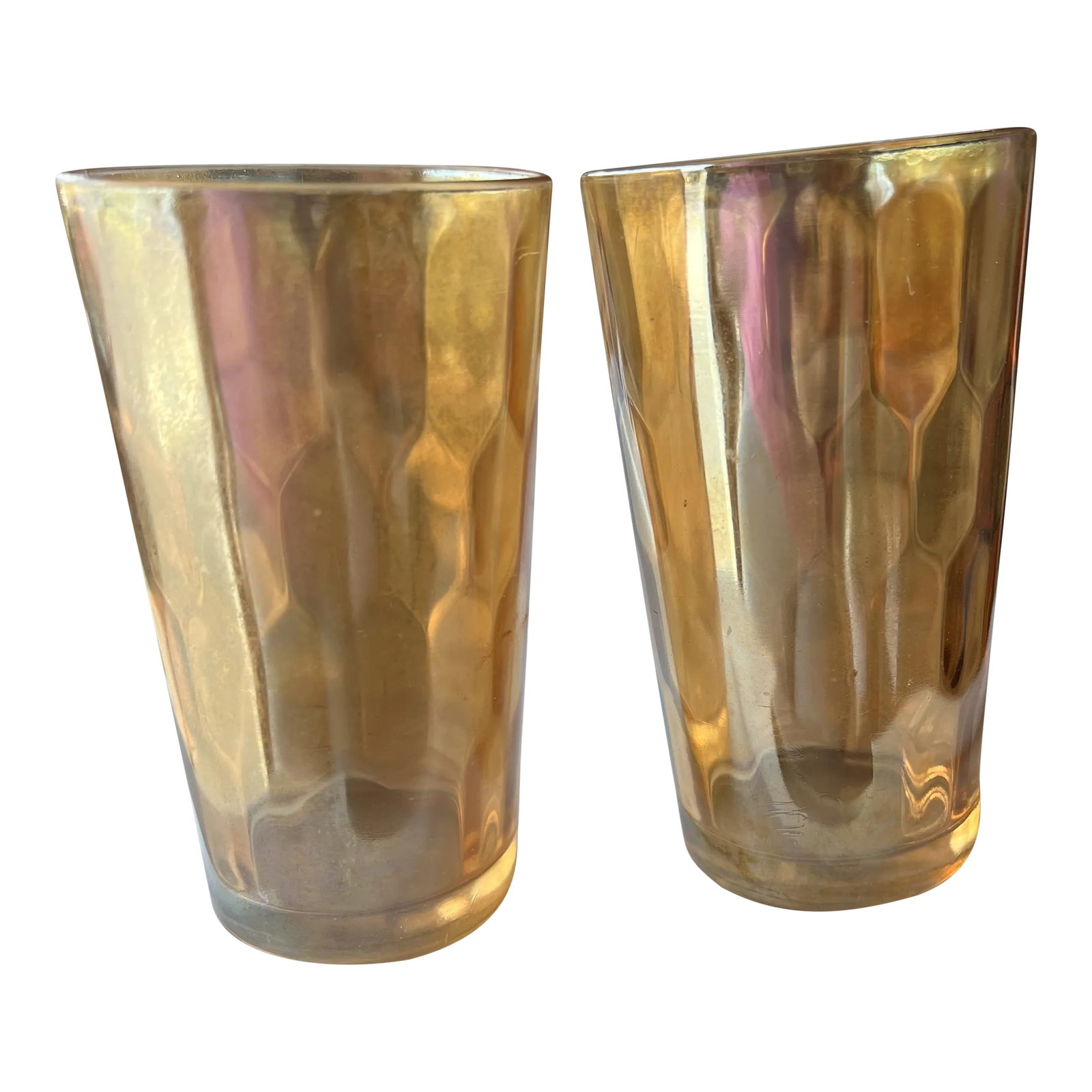 Carnival Glass Tumblers, Marigold Hex Optic Iridescent -Set of 2: Jeannette glass tumblers, marigold iridescent color, hex optic or honeycomb optic pattern. They're about 5" tall. The rim is 2 3/4" in diameter. Condition: Alterations: Original Condition Unaltered