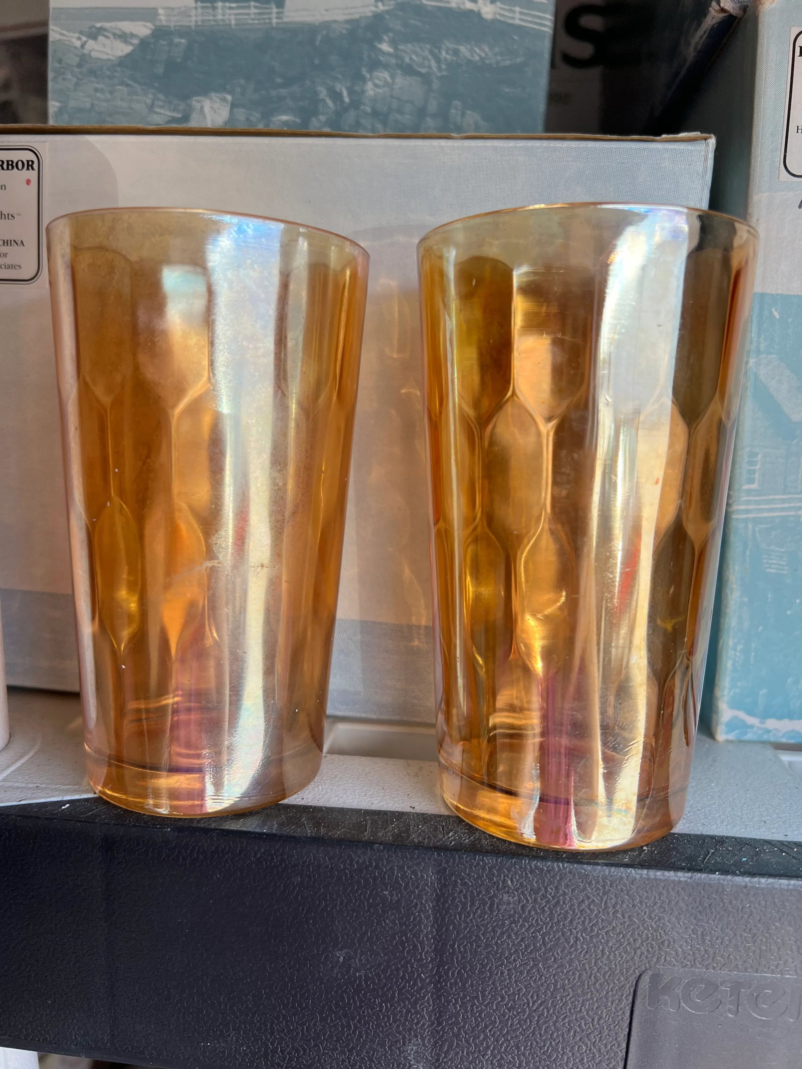 Carnival Glass Tumblers, Marigold Hex Optic Iridescent -Set of 2 - 2