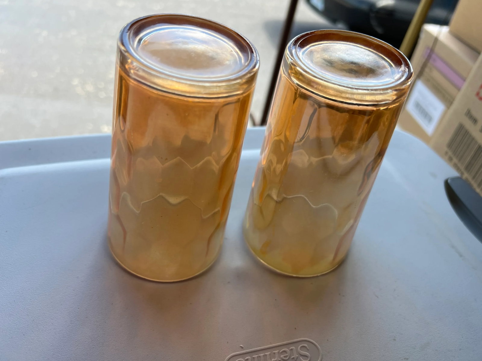 Carnival Glass Tumblers, Marigold Hex Optic Iridescent -Set of 2 - 7