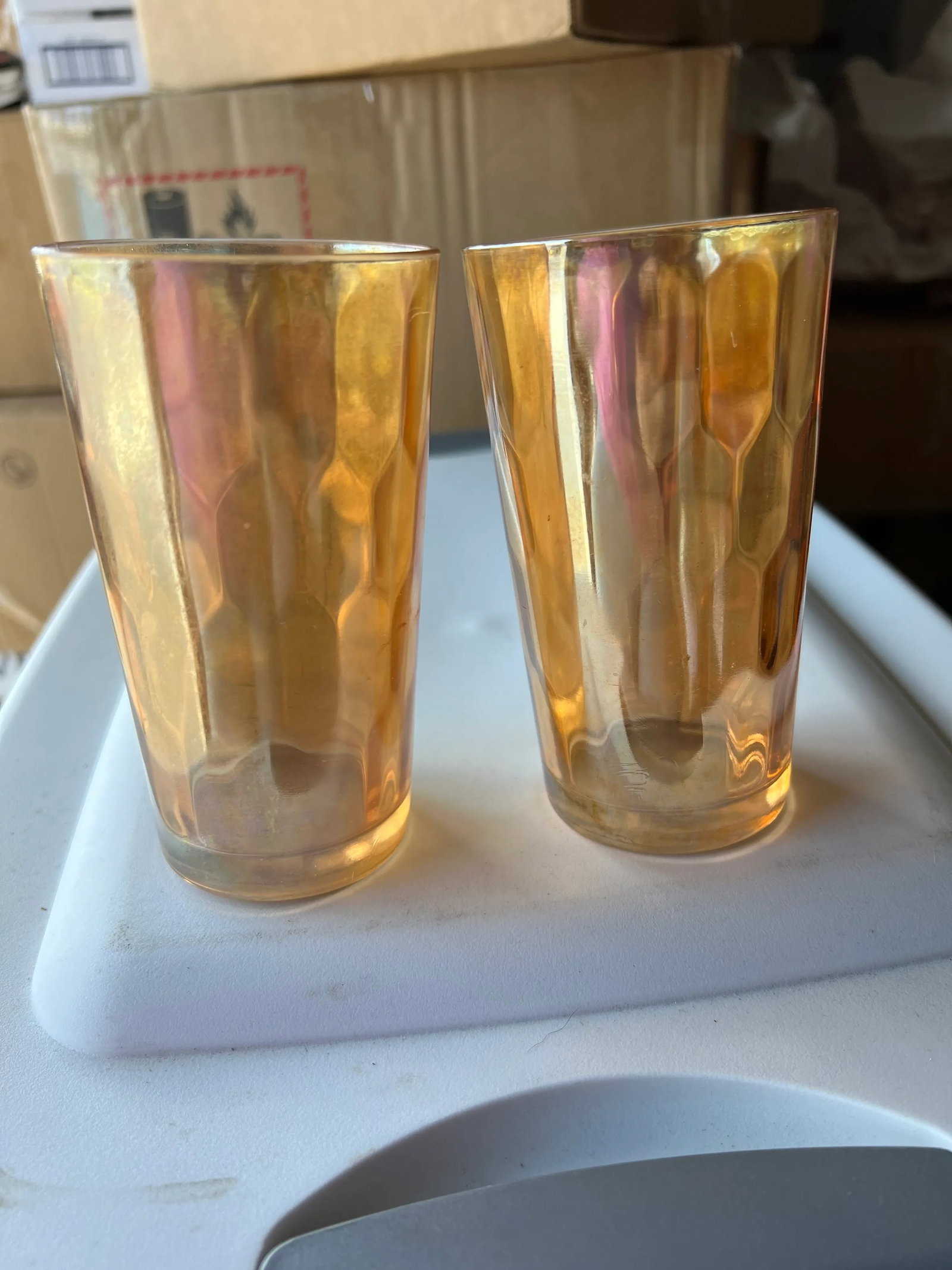 Carnival Glass Tumblers, Marigold Hex Optic Iridescent -Set of 2 - 8