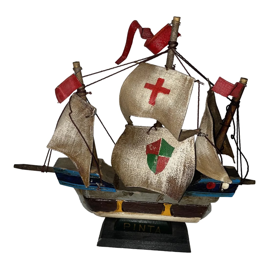 Vintage Mid 20th Century Wooden Sailing Ship "Pinta" 7" Tall: Vintage Wooden Sailing Ship "Pinta" 7" tall. Excellent vintage condition. Minor superficial wear as expected for age and use. Please see photographs. Approximate Measurements: Height 7.0" Width 7.5"
