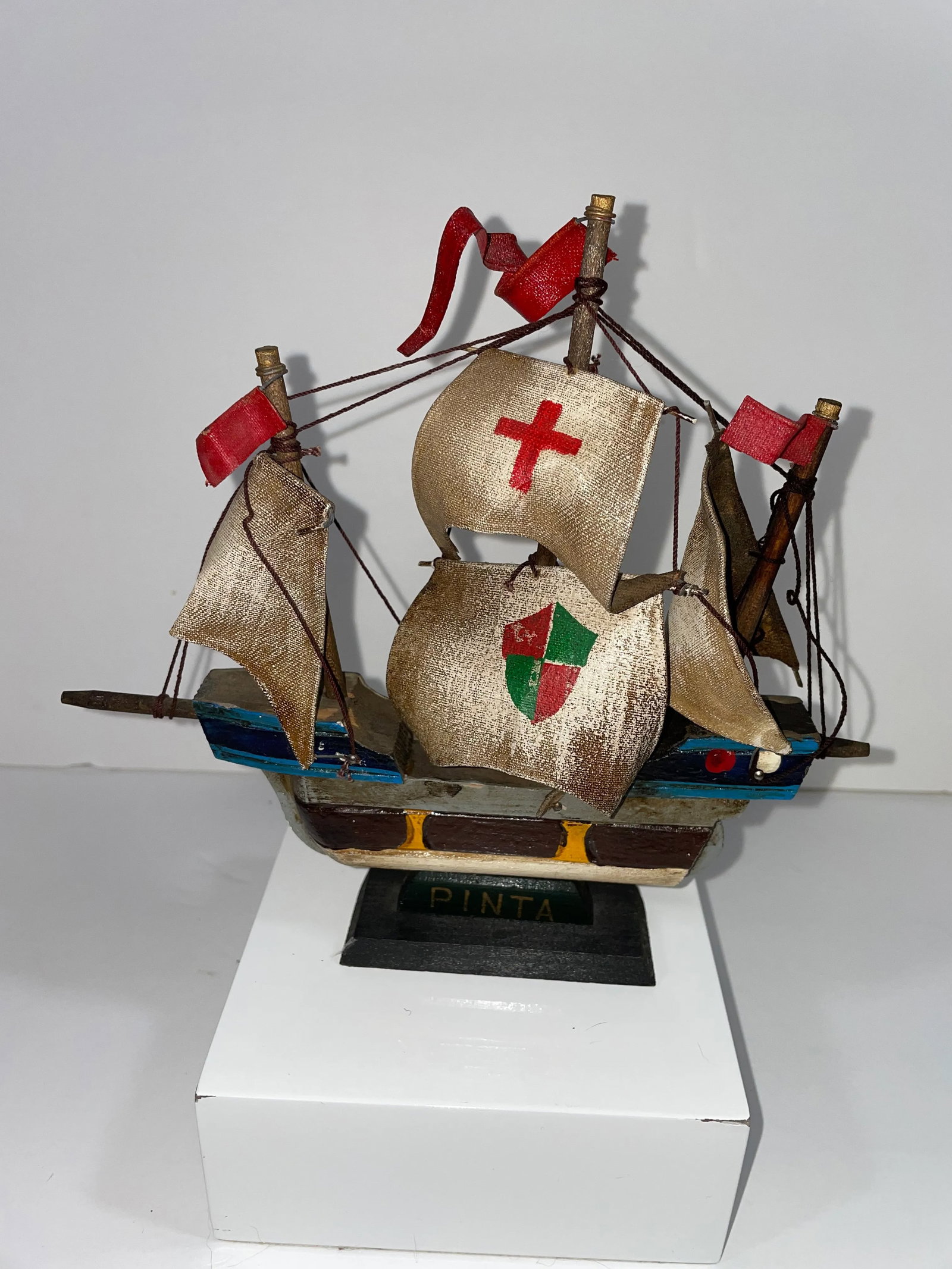 Vintage Mid 20th Century Wooden Sailing Ship "Pinta" 7" Tall - 2