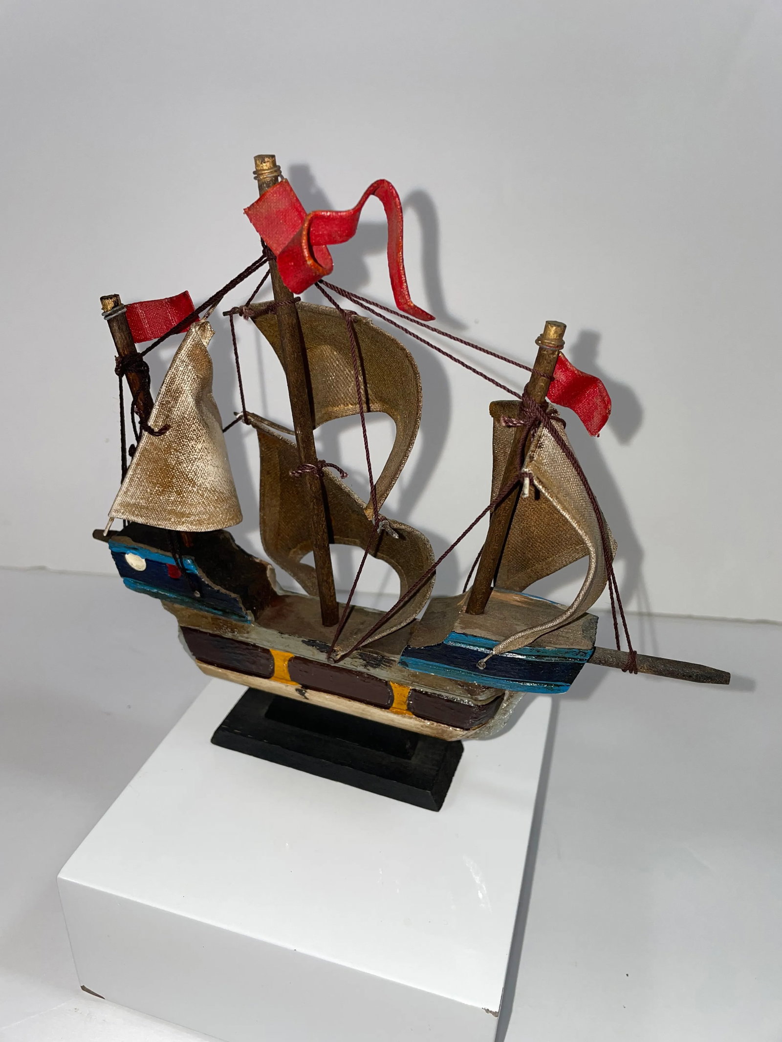 Vintage Mid 20th Century Wooden Sailing Ship "Pinta" 7" Tall - 8