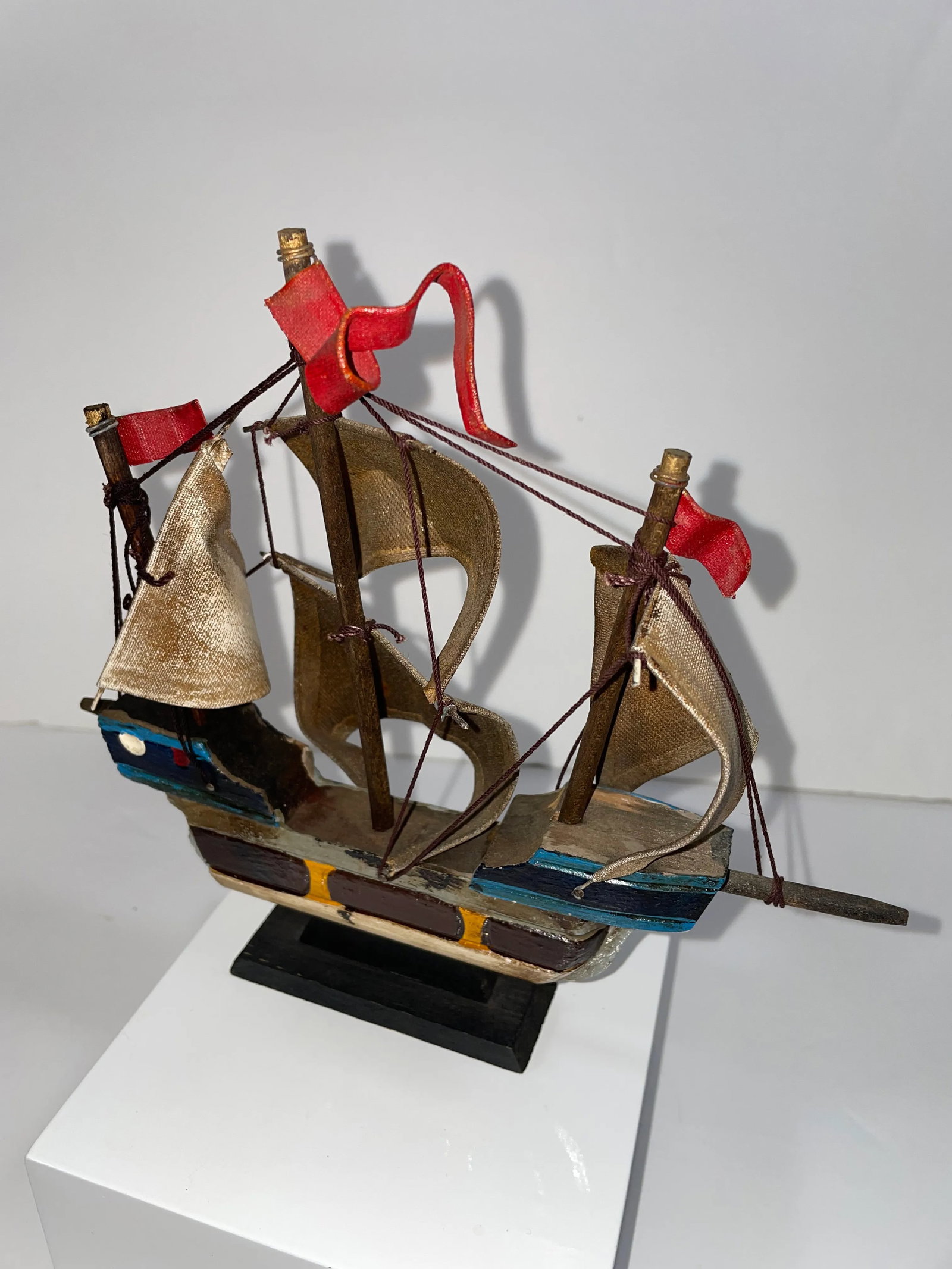 Vintage Mid 20th Century Wooden Sailing Ship "Pinta" 7" Tall - 9