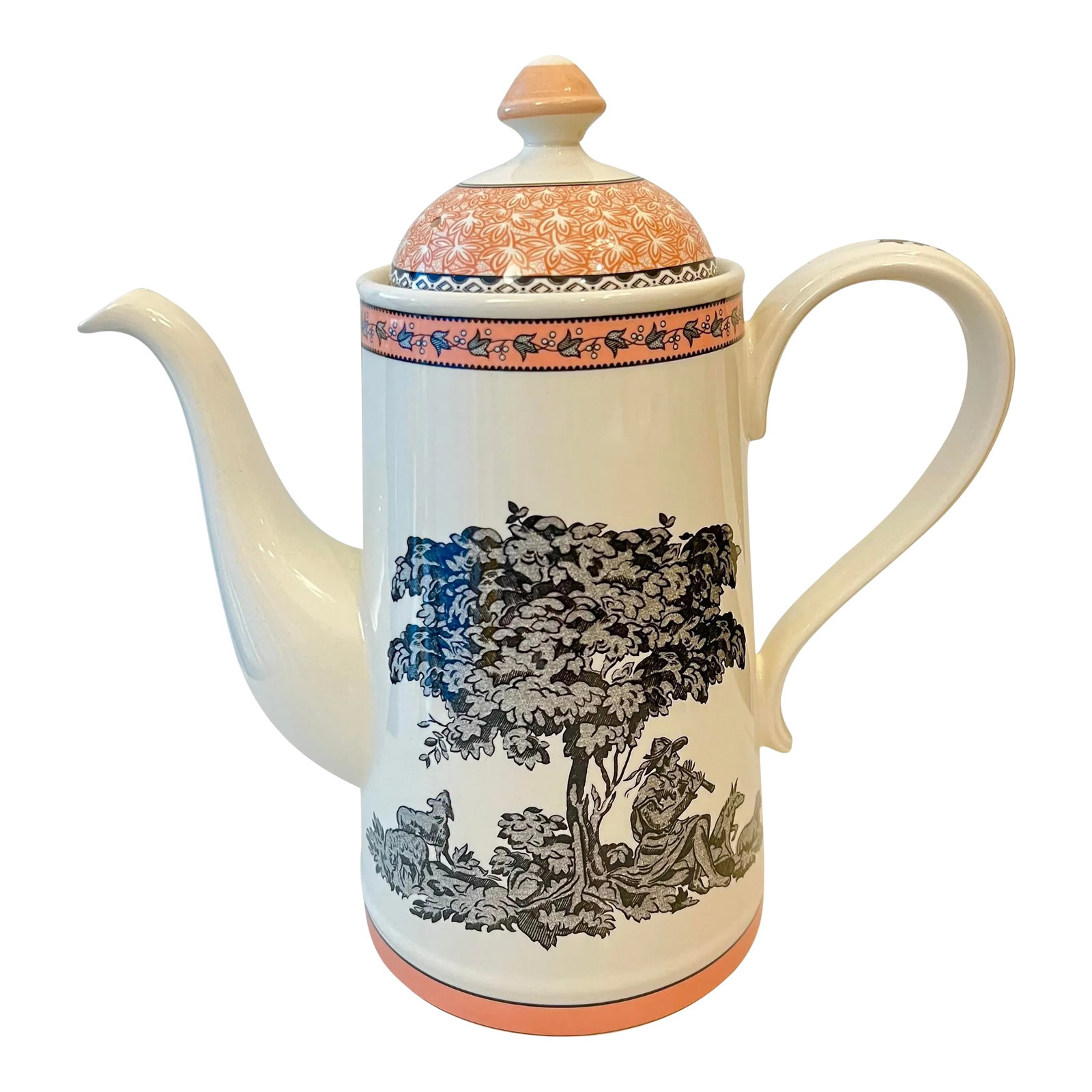 20th Century Lombardy Spode: Beautiful art work in black with orange accents on this wonderful ceramic tea pot. Measuring 10" tall . The rim measures 3 3/4" diameter and the base is 5" diameter. Made by Spode. Condition: Alterati