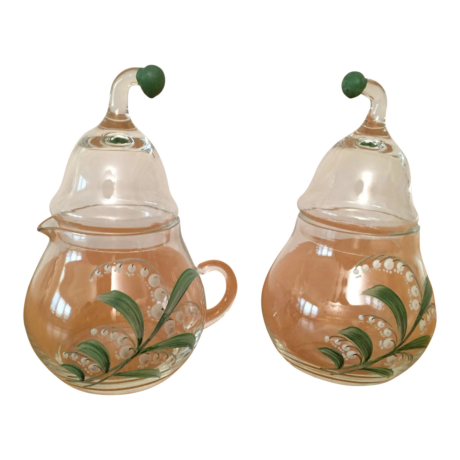 Vintage Clear Glass Creamer and Sugar Set With Lily of Vally Decoration- 2 Pieces: Vintage creamer and sugar set that was most likely a wedding gift right after WW11 in the late 40's. The height of each piece with the lid is 5 1/2 inches and without lid, 3 inches. The circumference