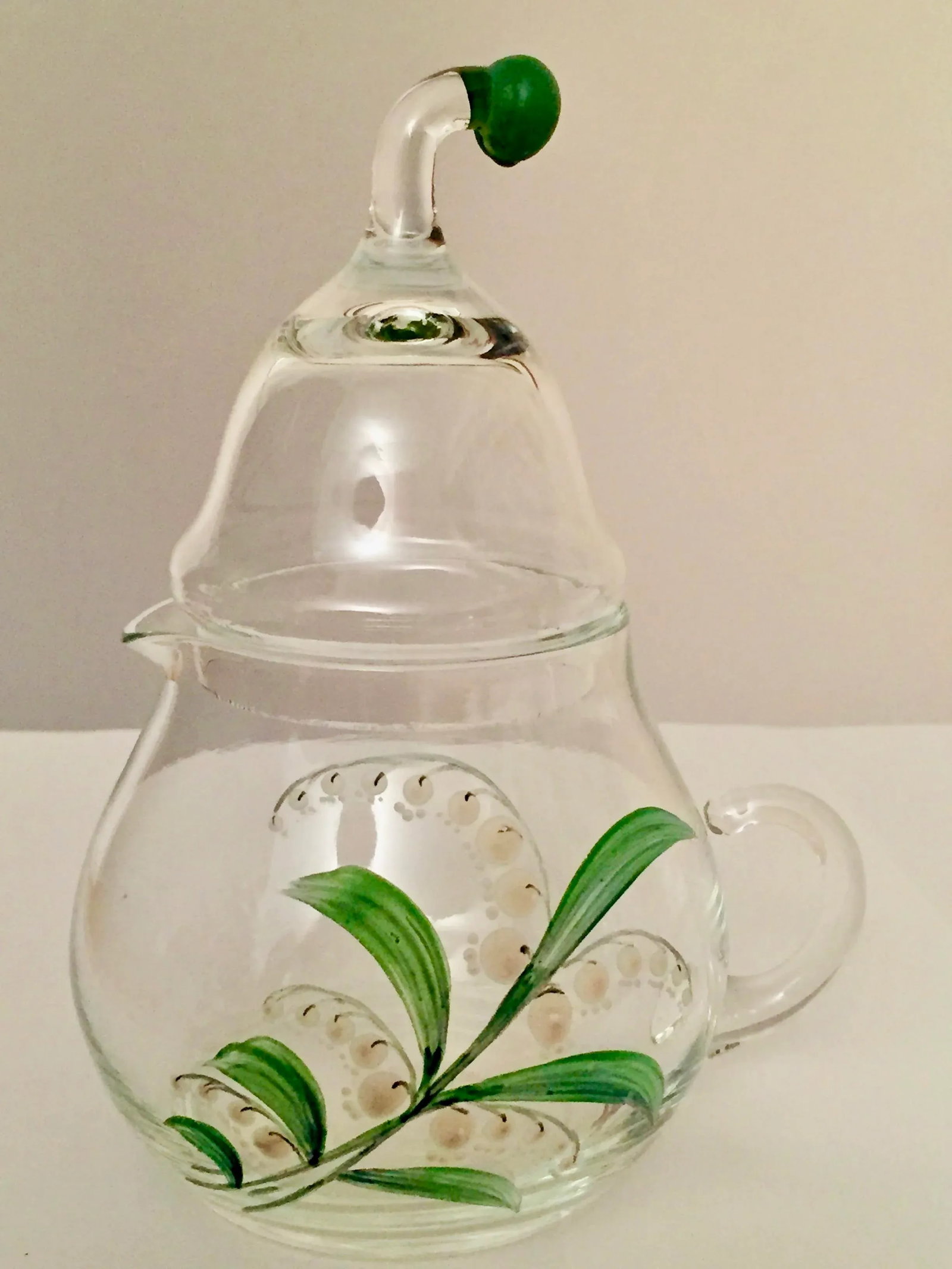 Vintage Clear Glass Creamer and Sugar Set With Lily of Vally Decoration- 2 Pieces - 2