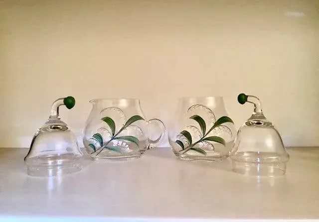 Vintage Clear Glass Creamer and Sugar Set With Lily of Vally Decoration- 2 Pieces - 4