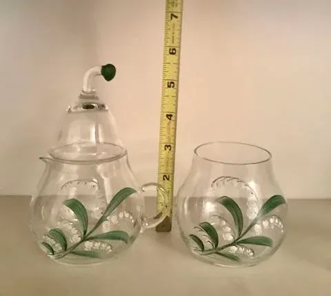 Vintage Clear Glass Creamer and Sugar Set With Lily of Vally Decoration- 2 Pieces - 5
