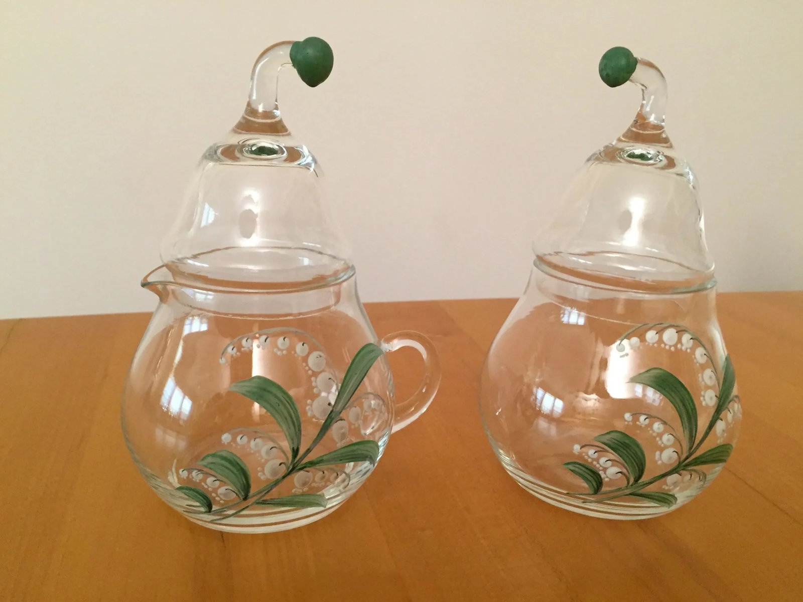 Vintage Clear Glass Creamer and Sugar Set With Lily of Vally Decoration- 2 Pieces - 8