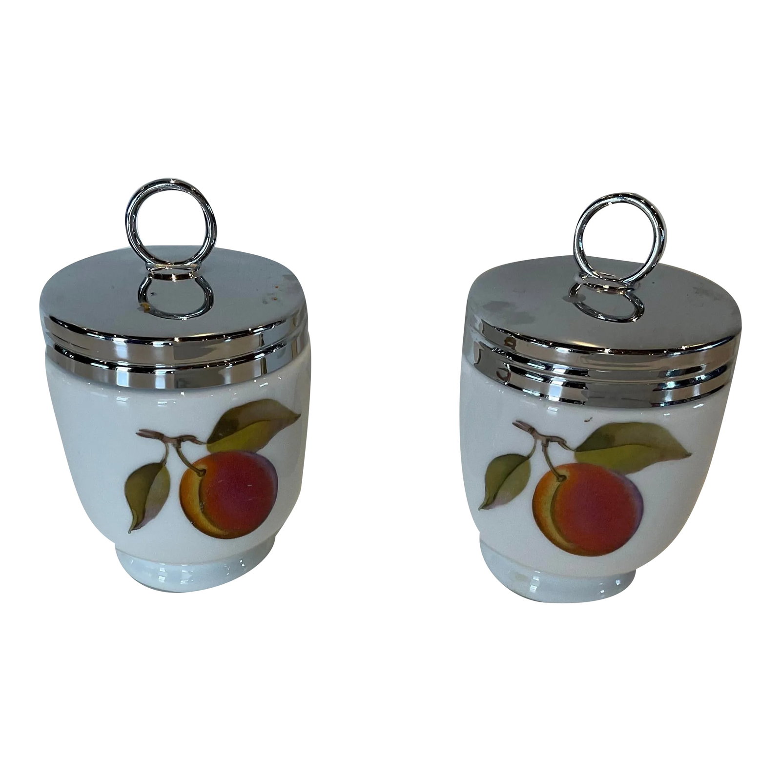 Vintage Royal Worcester Evesham Egg Cups- a Pair: Iconic Evesham Gold pattern by England's Royal Worcester. The pattern is world-known for its fruits, vegetables and nuts in several variations.. It was produced between 1961-2015 and has been