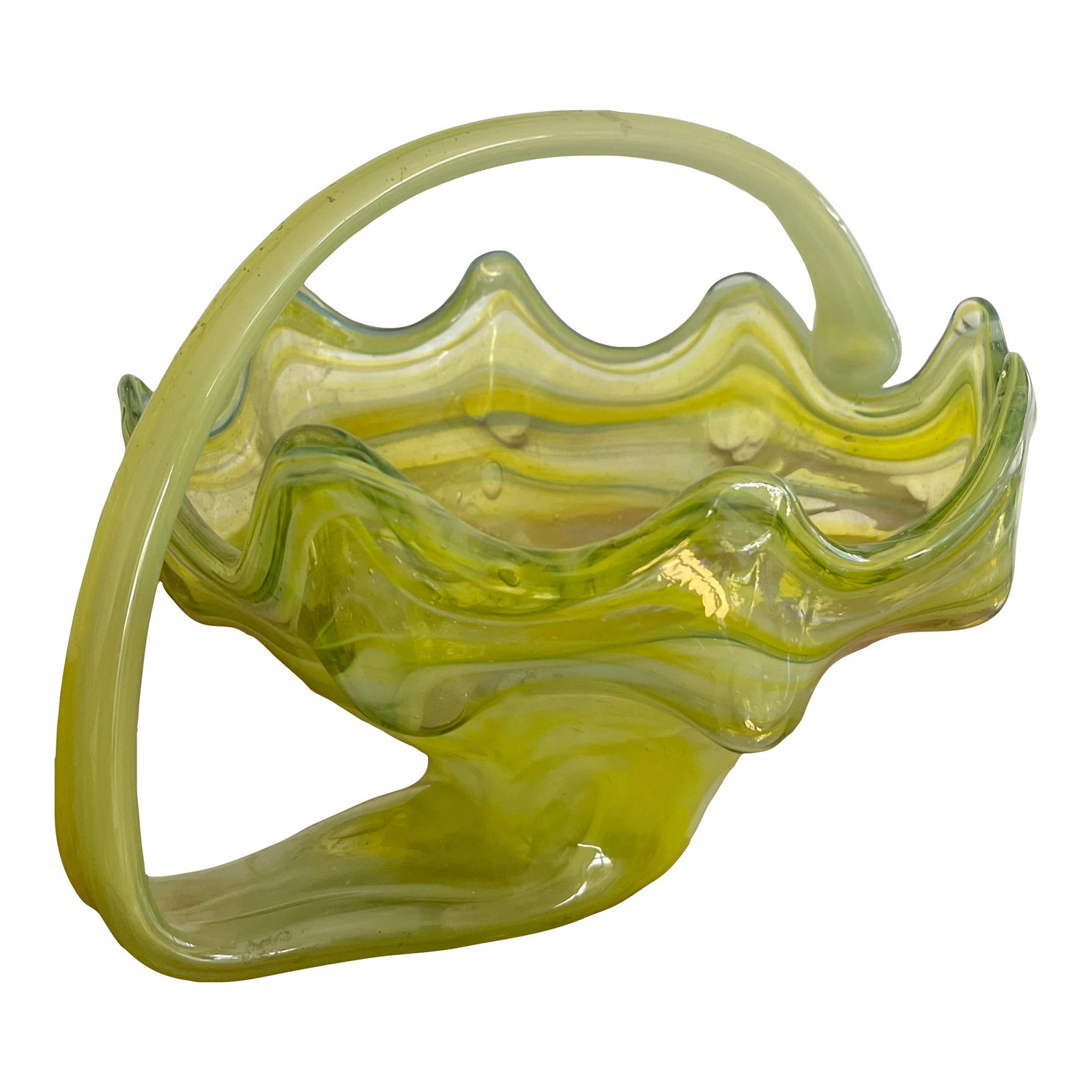 Vintage Murano Attributed Glass Basket: Unique piece of art glass by famed glass making hours Murano. The colors on this basket are as deep as they are beautiful. Perfect as a decorative piece and perhaps functional as a fruit bowl. This