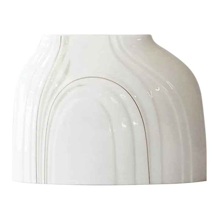 Vintage Royal Doulton Impressions Low Cypress Vase by Gerald Gulotta: Royal Doulton 1982 Bone China Impressions Low Cypress Vase. Designed by Gerald Gulotta. Made in England. Ivory/cream bone china body, accented with mint green bands and gold lines. Each side has a