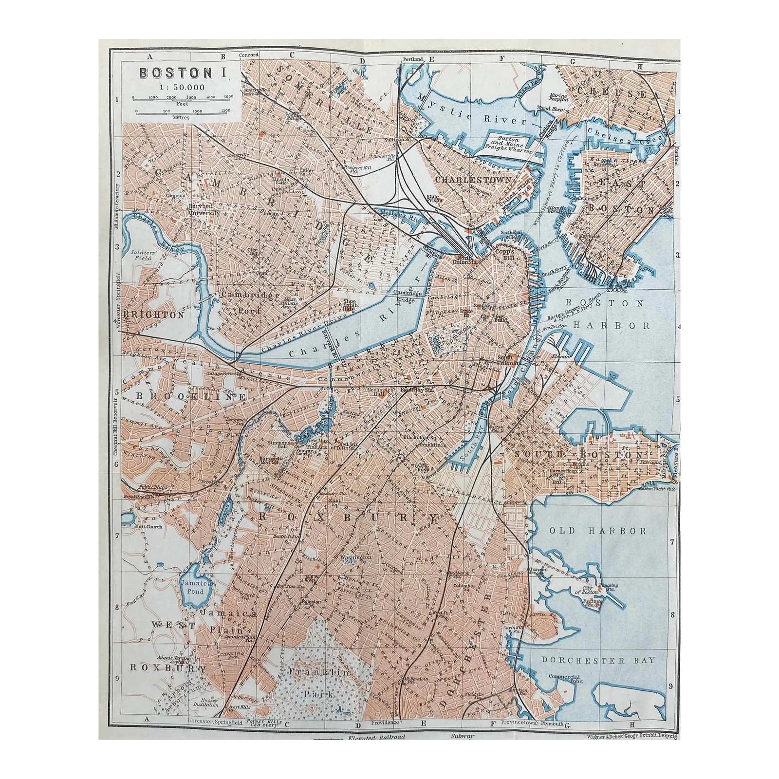 1909 Antique Map of Boston Metro Area: Folding map from a 1909 travel guide of North America of metropolitan Boston. Combined shipping available, please inquire. Shipping times are significantly shorter than Chairish estimates. Condition: 