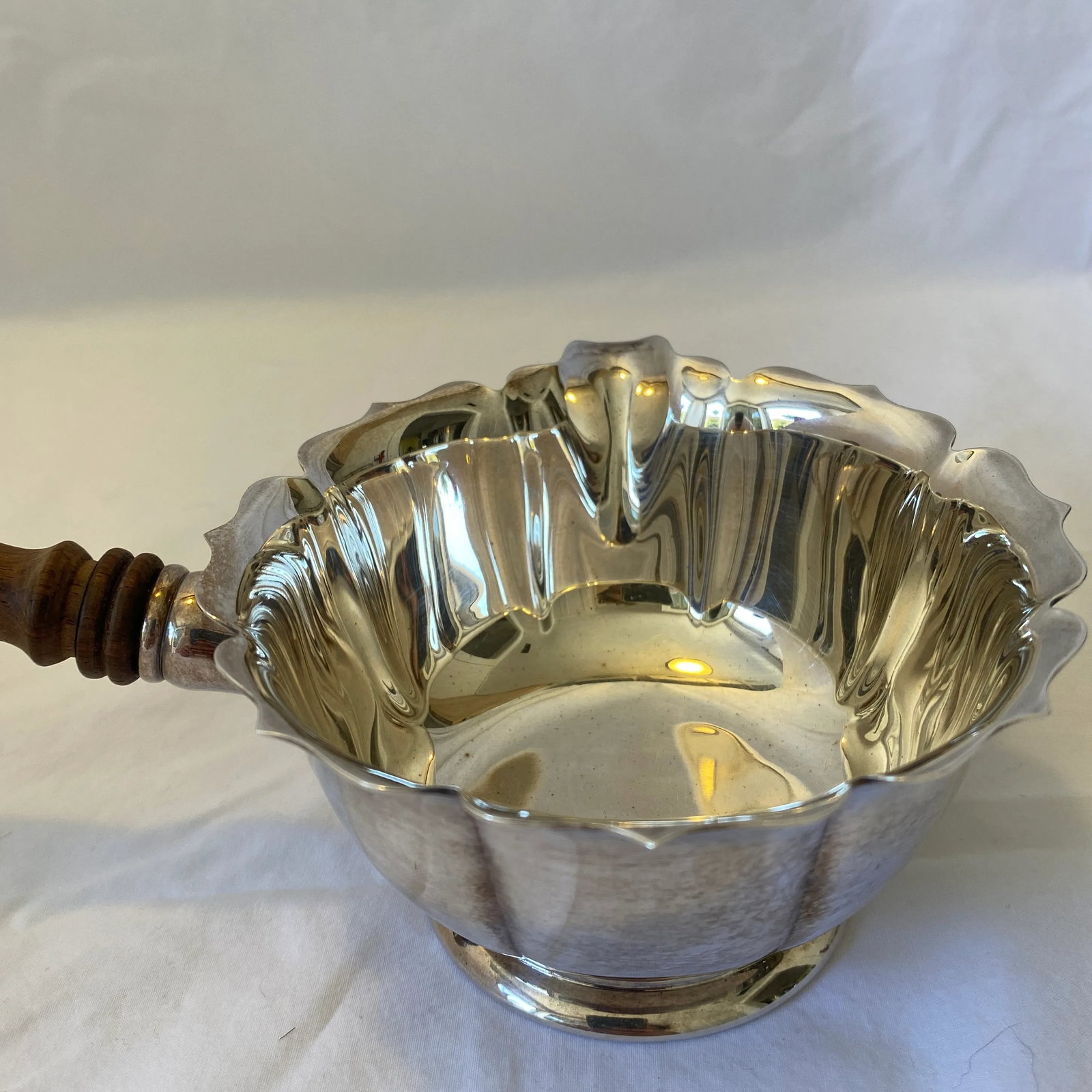 Vintage Silver Plate Sauce Bowl With Spout and Wooden Handle - 6