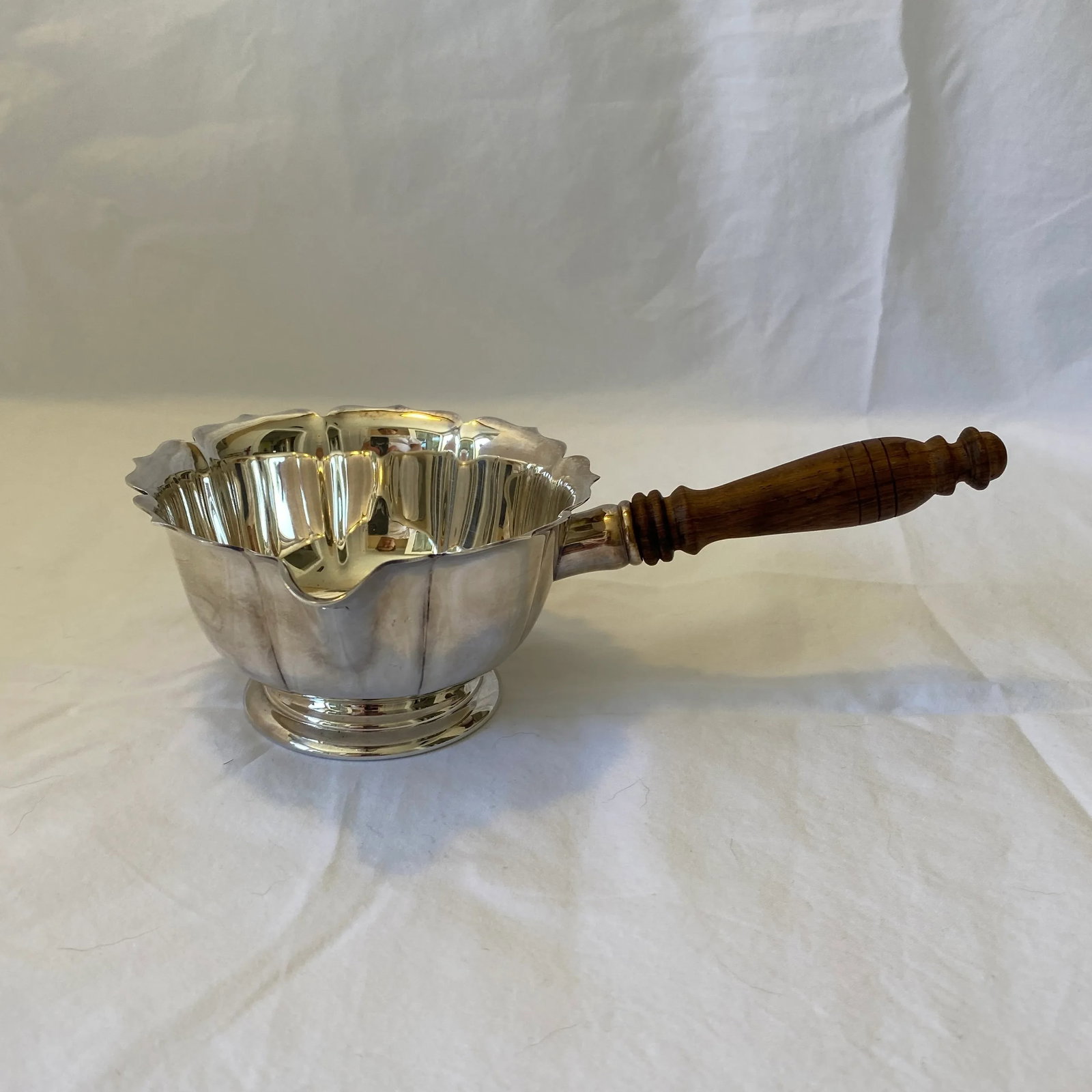 Vintage Silver Plate Sauce Bowl With Spout and Wooden Handle - 9