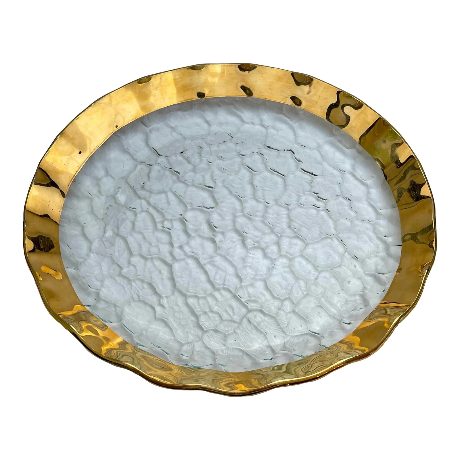 Vintage Italian Gold Bordered Textured Glass Platter: A beautiful textured glass serving platter with a wide gold trim. Ships within 1-2 days using USPS. Arrives within 2-5 business days after receiving tracking. Condition: Alterations: Original Conditio