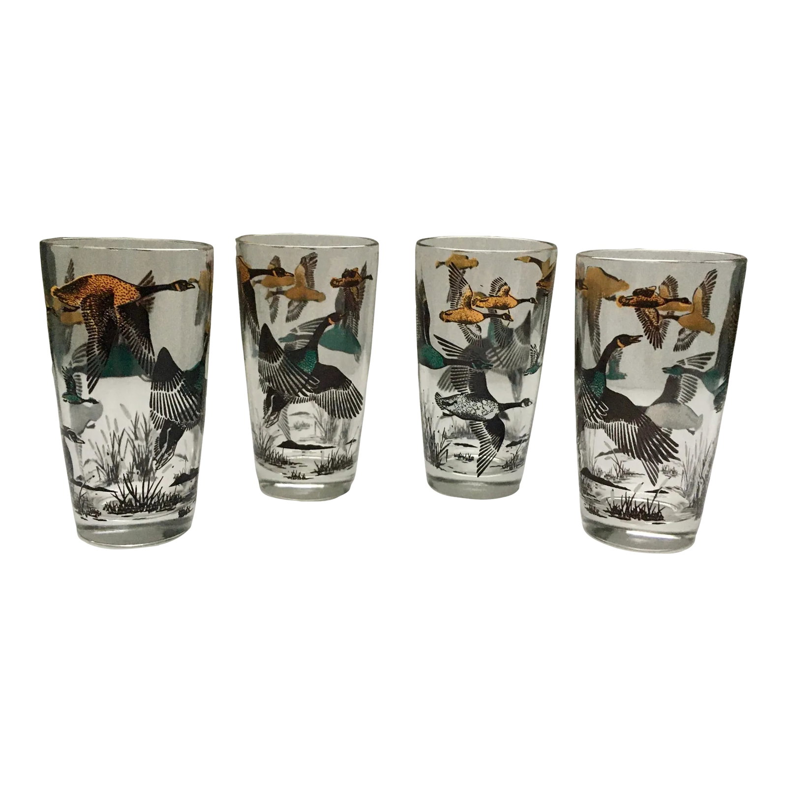 Vintage Teal & Yellow Geese Sporting Tumblers- Set of 4: A fun set of outdoors themed graphic printed tumblers in teal, goldenrod, deep brown & white featuring a flock of geese flying along a streamlined cattail edged waterway. Made by the Federal Glass