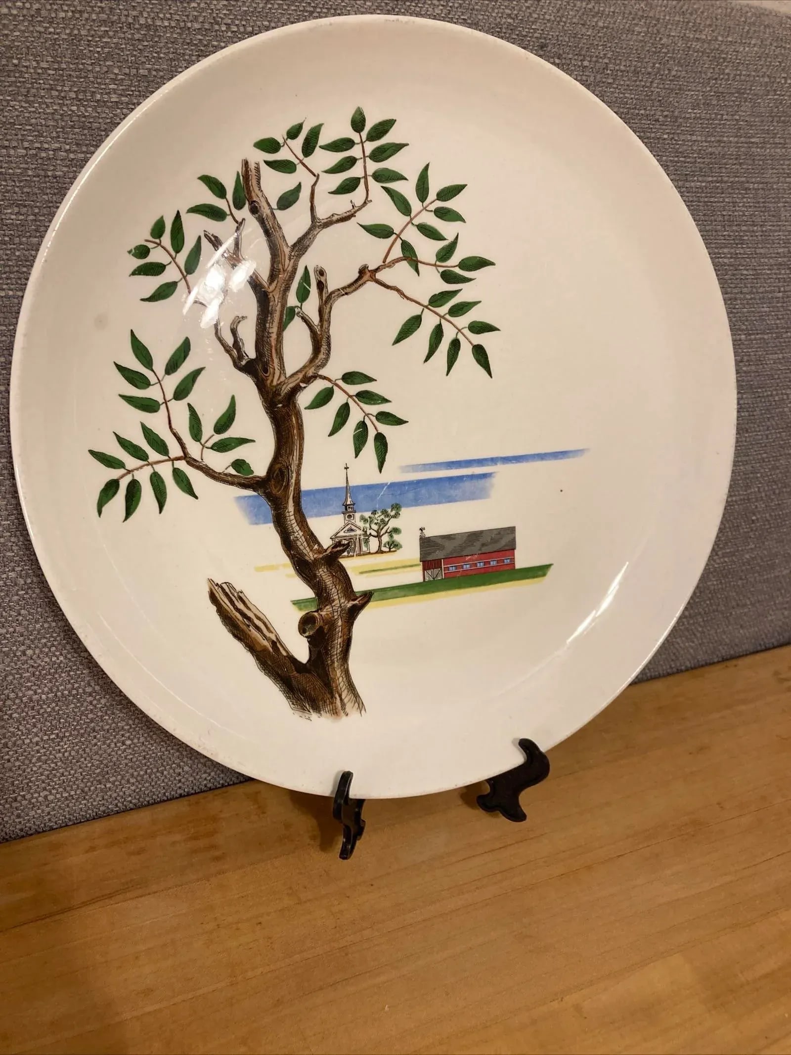 1949 Santa Anita Ware Hand-Painted Americana Plate With Barn & Church Scene - 4