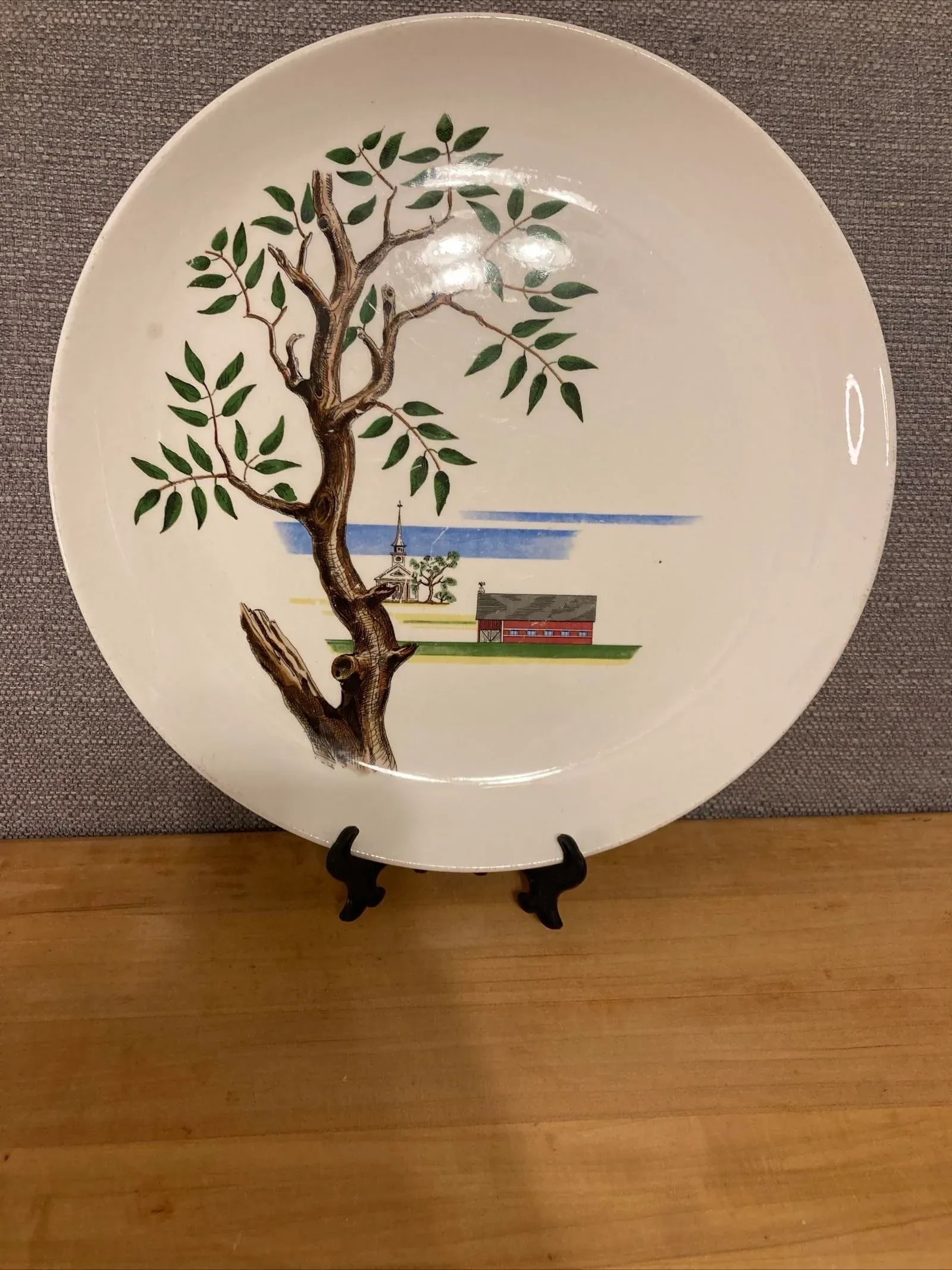 1949 Santa Anita Ware Hand-Painted Americana Plate With Barn & Church Scene - 5