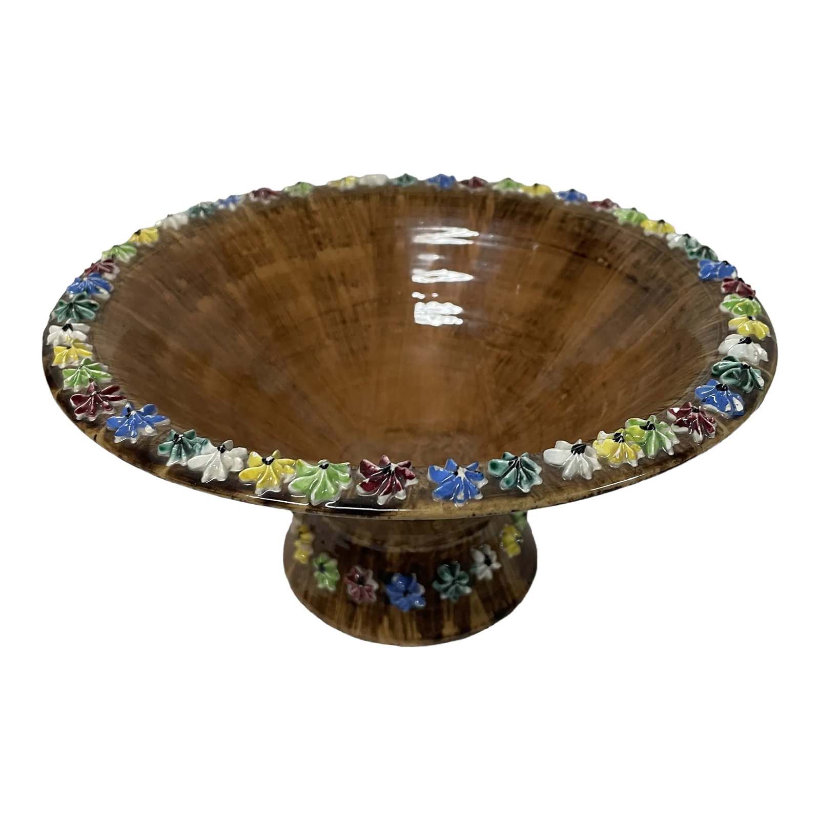 1980s Elbee Hand Painted Italian Pottery Bowl Trimmed in Raised Colorful Flowers: Beautiful colorful flowers of White, Red, Yellow and Blue adorn the Base and the Top of the Brushed stroke Brown Basket Made in Italy Bowl is raised Pedestal 4" tall and 8" in diameter with High