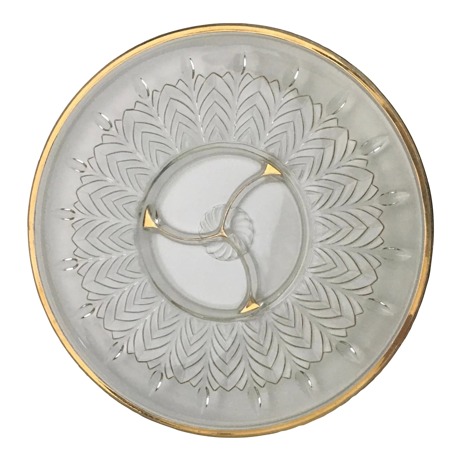 1950s Jeanette Glass Appetizer Platter: A pressed glass divided party platter featuring a stylized leaf pattern radiating from a tri section center with gold trim separating each and also at the outer edge. Ships within 1-2 days using