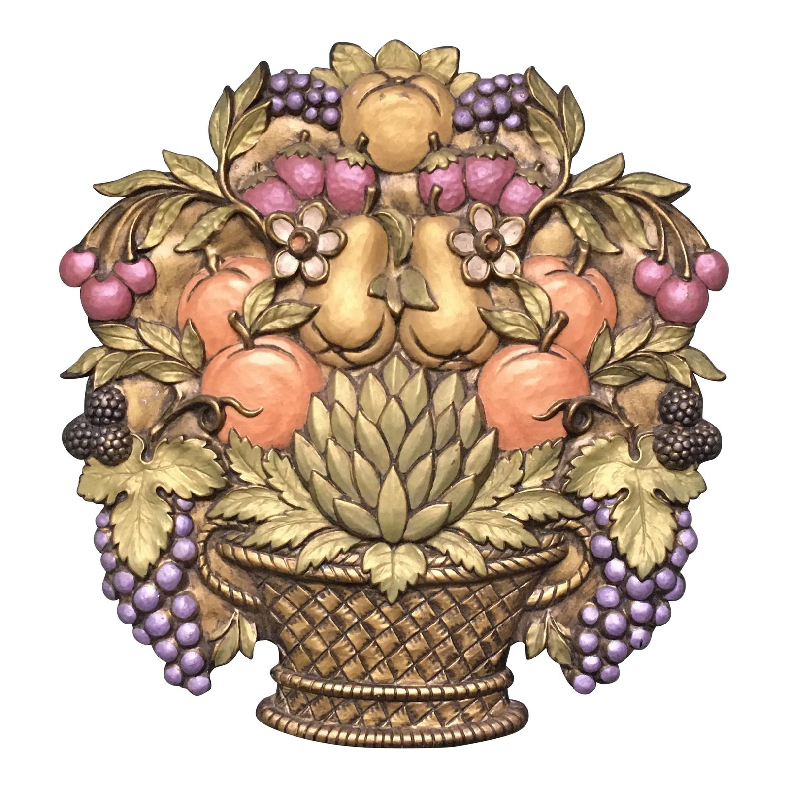 Vintage Mid 20th Century Jewel Tone Fruit Basket Wall Hanging: A beautiful jewel tone basket of fruits & flowers presented with charming symmetry in this classic mid 20th century ceramic wall hanging. Ships within 1-2 days using USPS. All items packed with care.