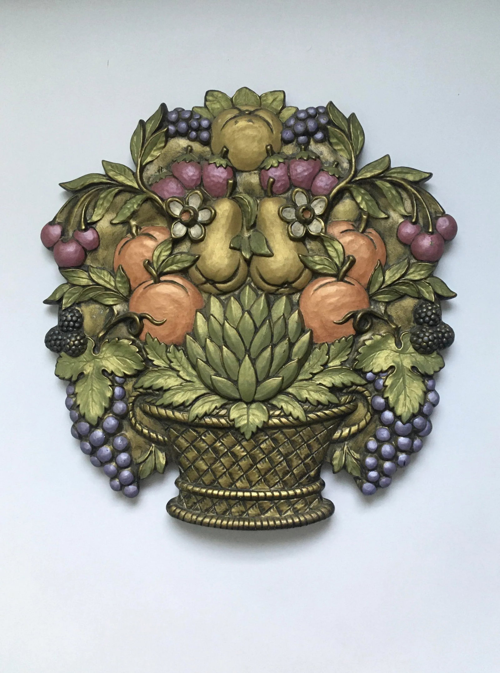 Vintage Mid 20th Century Jewel Tone Fruit Basket Wall Hanging - 2