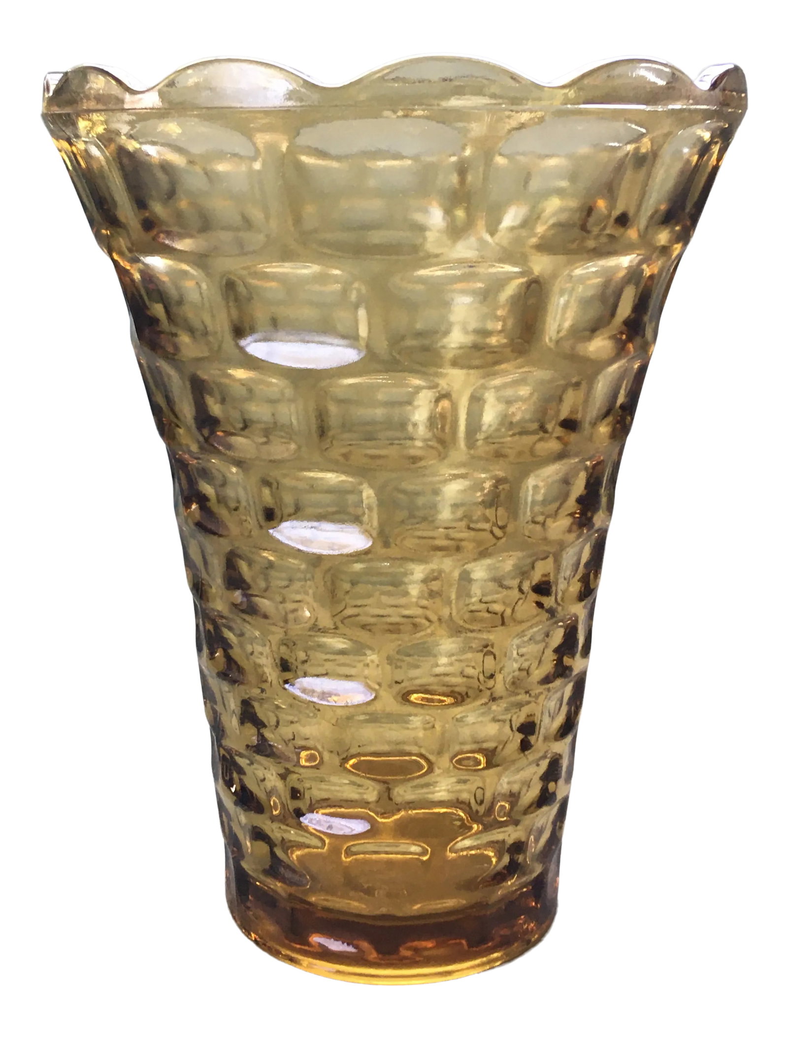 1960's Federal Glass Yorktown Gold Table Vase: A colored glass vase in a square pattern with a ruffled edge in light tan shade which has a slight reflective glaze. Made by the Federal Glass Company in Columbus, Ohio. Ships within 1-2 days using