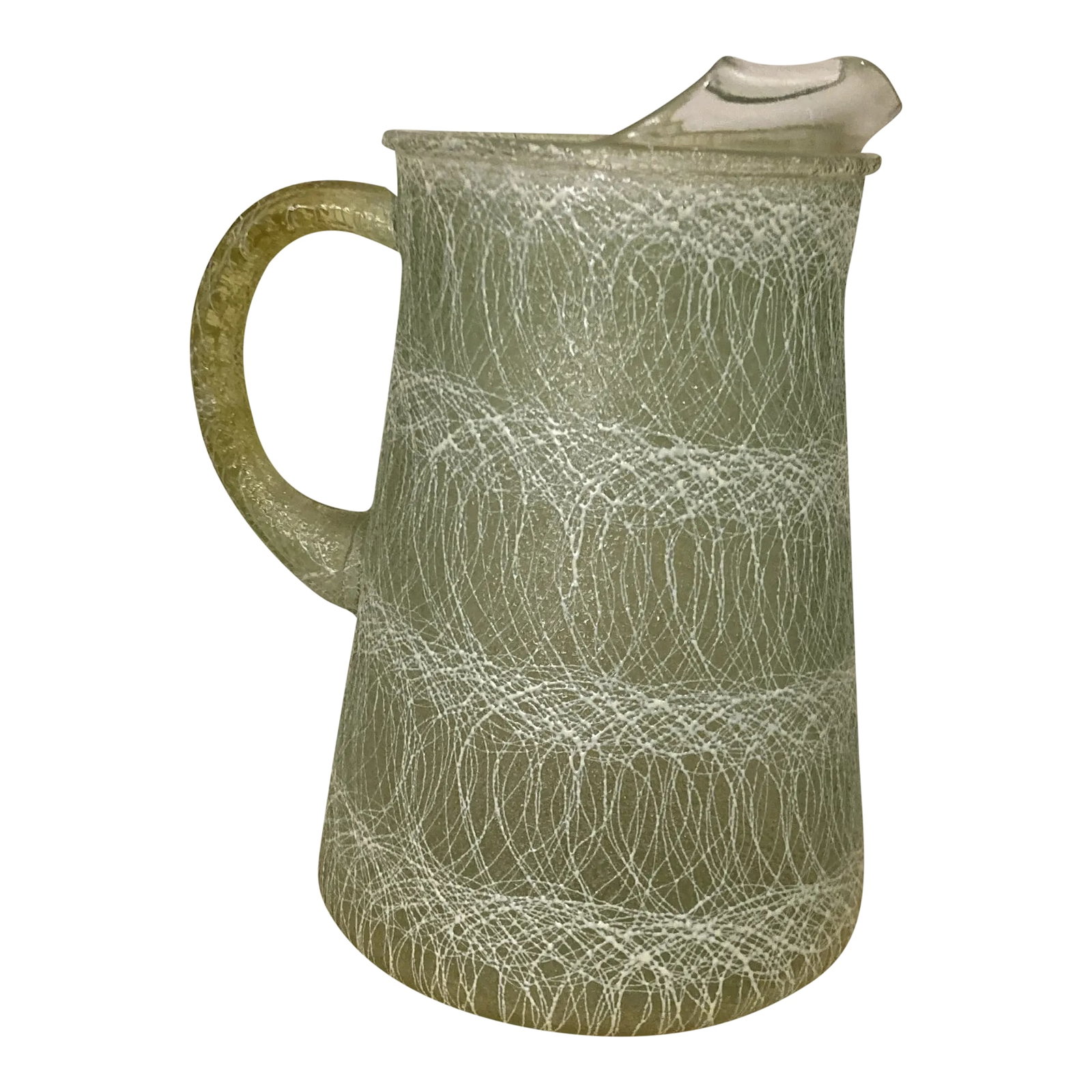1960s Color Craft Green Spaghetti String Pitcher: A distinctive 1960s Color Craft Corporation pitcher from the company's innovative Shat-R-Pruf line. The glass body is wrapped in a green spaghetti string-style Plastisol coating, giving it a