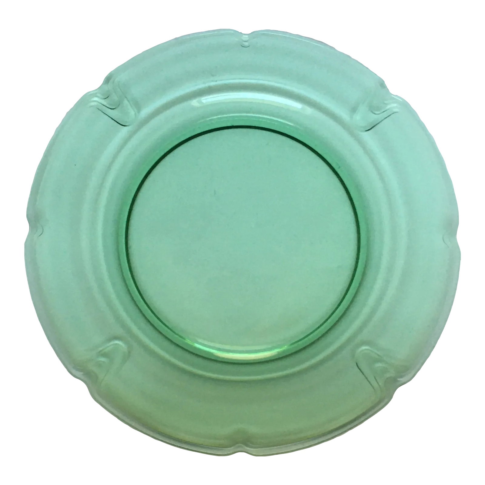 1930's Duncan Miller "Puritan "Green Glass Platter: A beautiful transparent glass platter divided into four sections by a trio of simple curves with a dimple in the center of each in a classic art deco design. An example of 1930's pale green