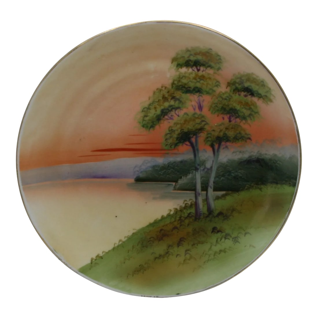 Antique Asian Nippon Round Porcelain 8" Plate Hand Painted Sunset Lake Scene: Antique Asian Hand Painted Lakeside Scene At Sunset Plate This round hand-painted plate depicts a lakeside scene at sunset. It has been created using a multi-color palette with a keen eye for detail.
