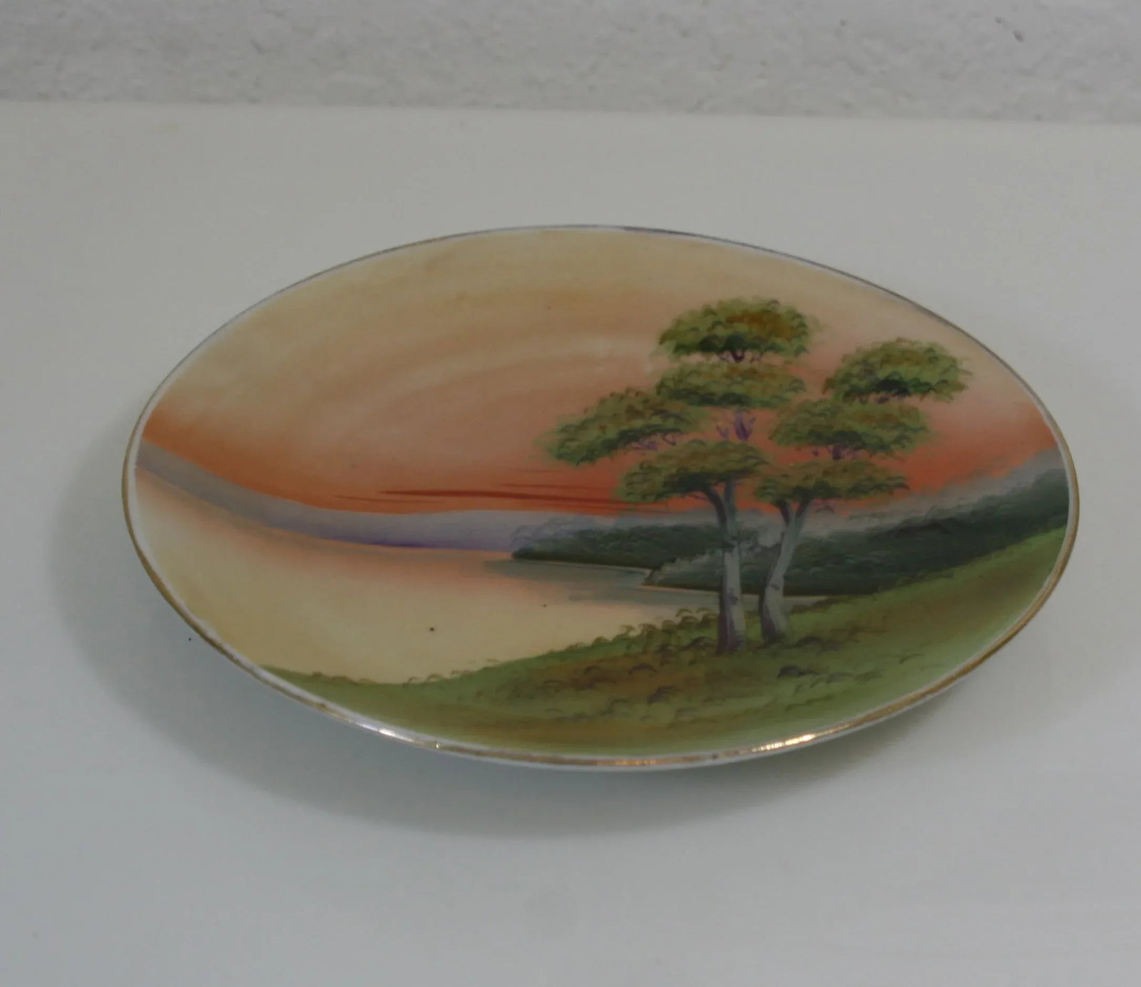 Antique Asian Nippon Round Porcelain 8" Plate Hand Painted Sunset Lake Scene - 2