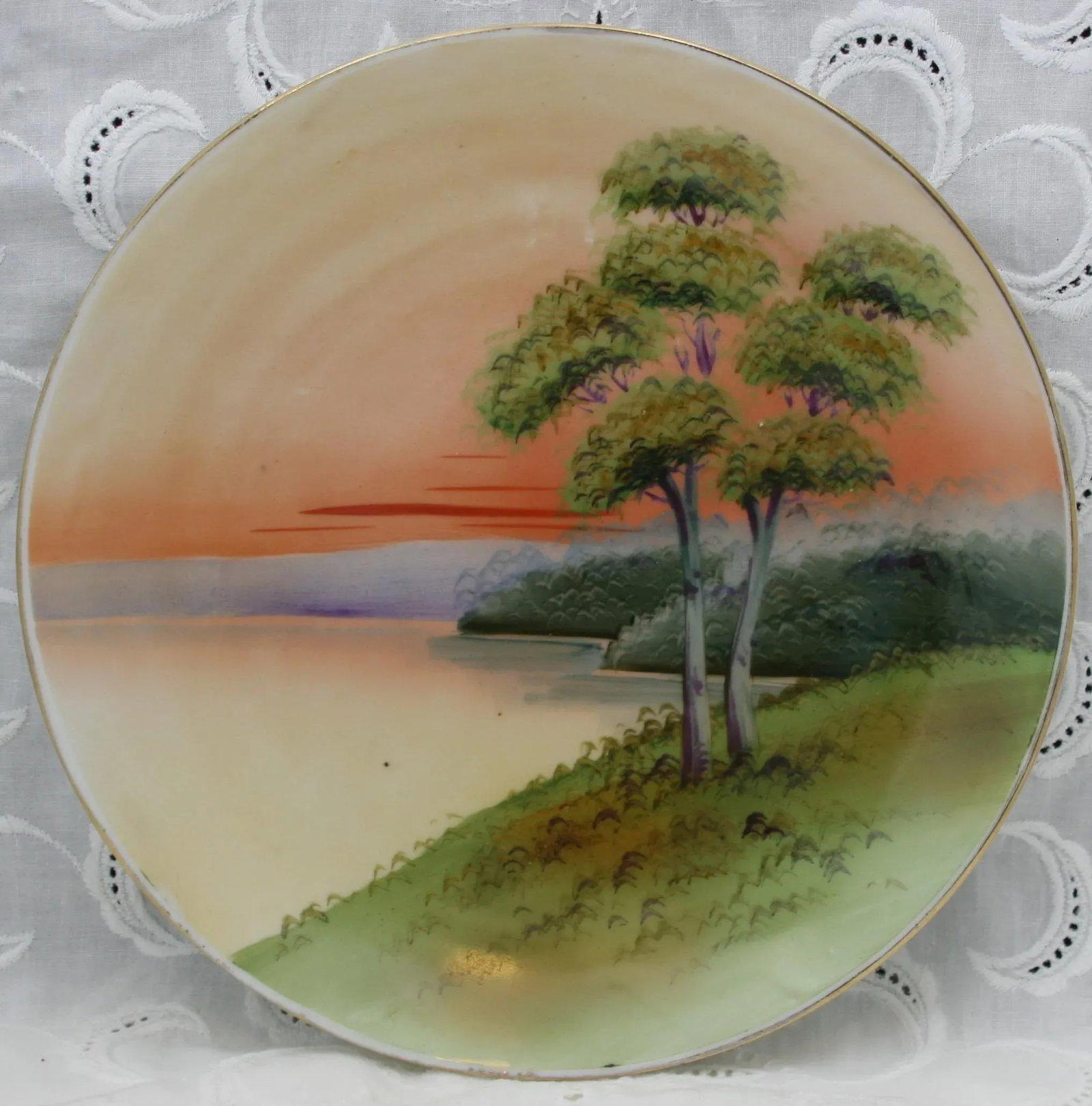 Antique Asian Nippon Round Porcelain 8" Plate Hand Painted Sunset Lake Scene - 3