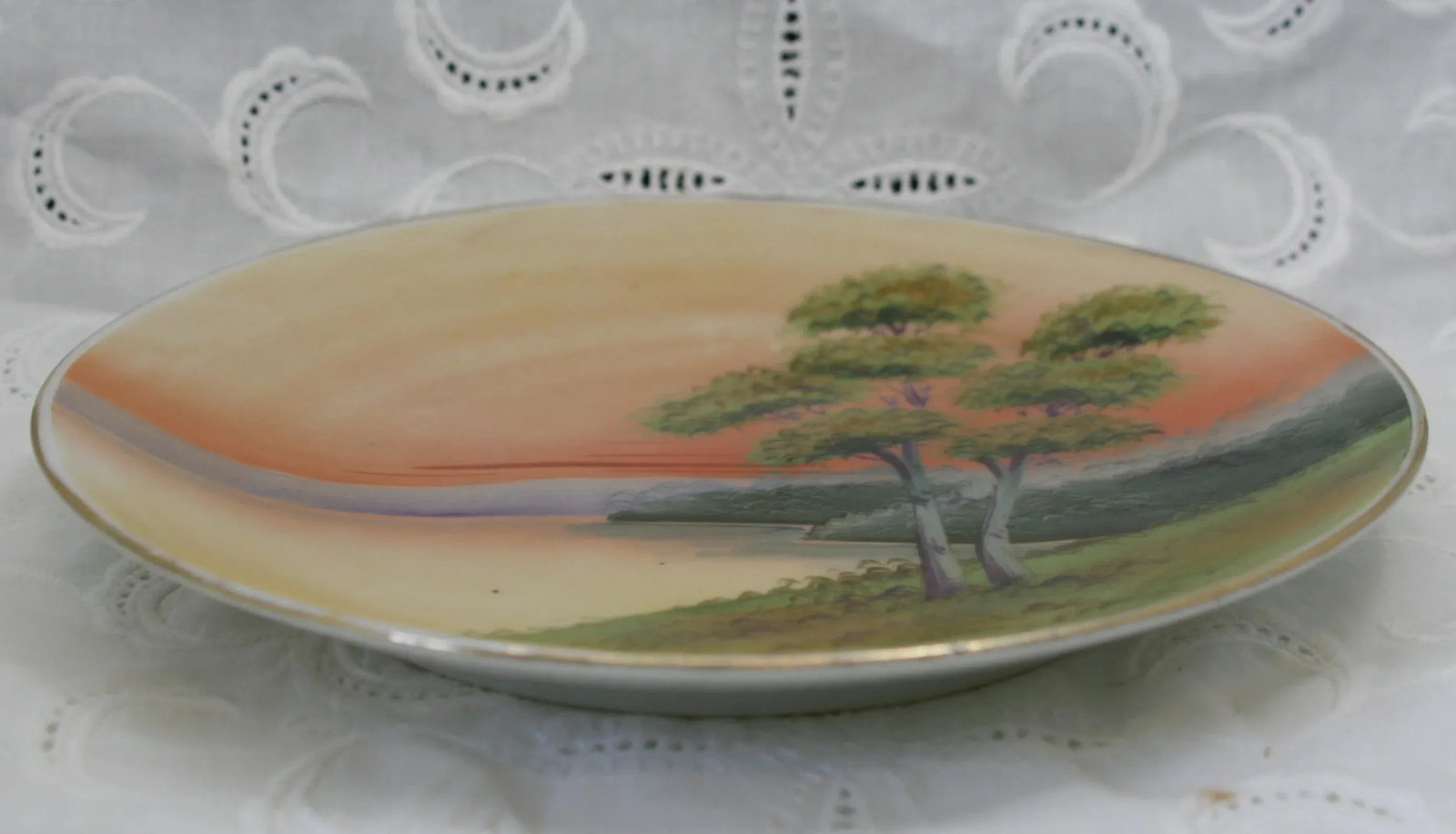 Antique Asian Nippon Round Porcelain 8" Plate Hand Painted Sunset Lake Scene - 4