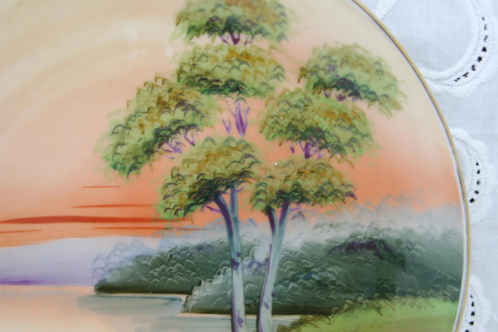 Antique Asian Nippon Round Porcelain 8" Plate Hand Painted Sunset Lake Scene - 5
