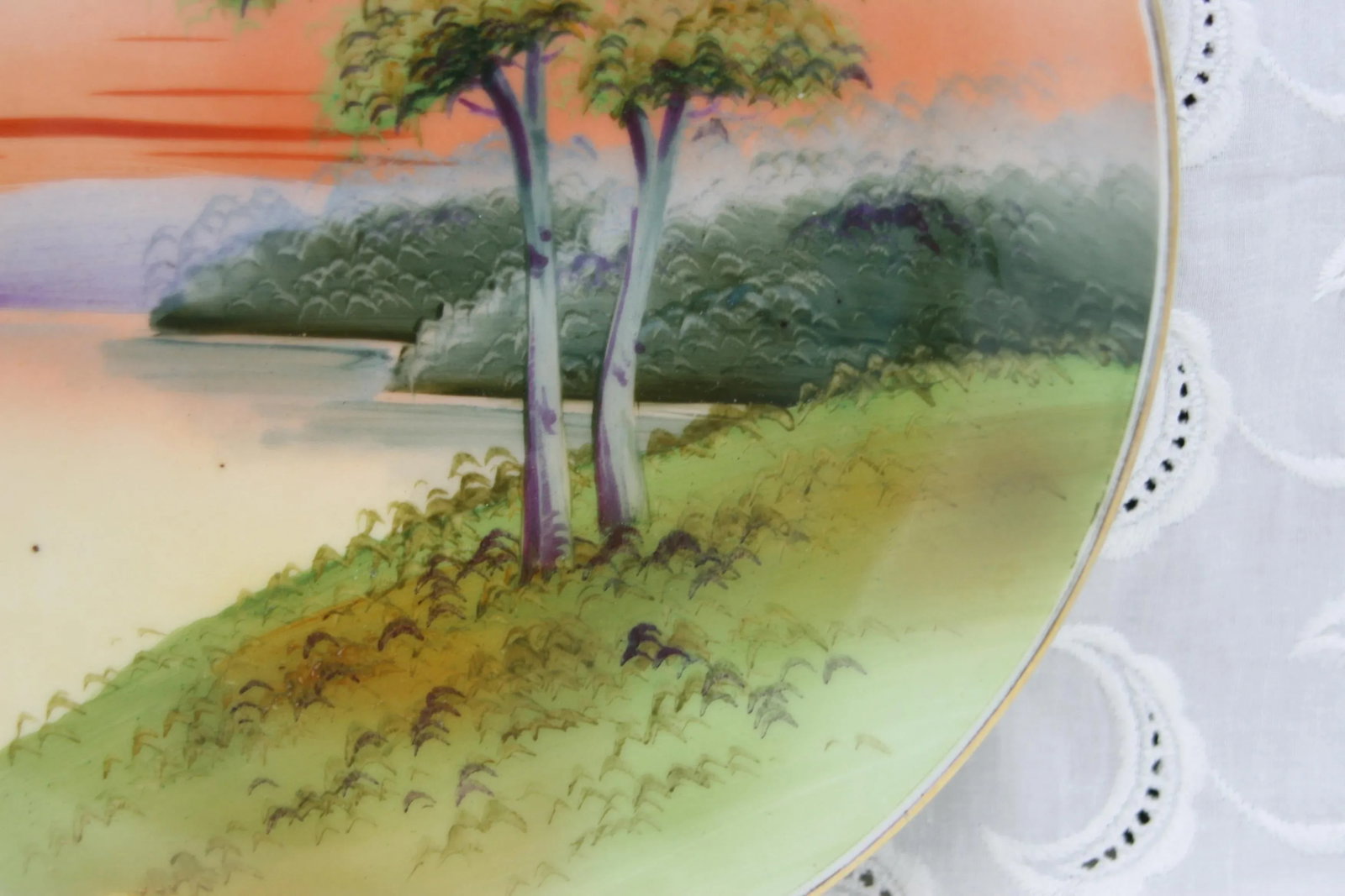 Antique Asian Nippon Round Porcelain 8" Plate Hand Painted Sunset Lake Scene - 6