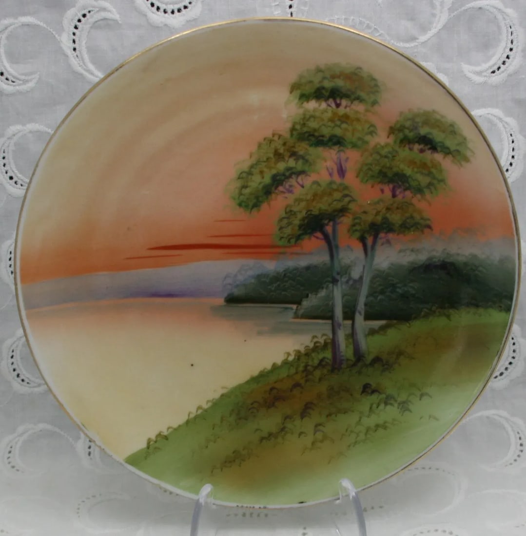 Antique Asian Nippon Round Porcelain 8" Plate Hand Painted Sunset Lake Scene - 7