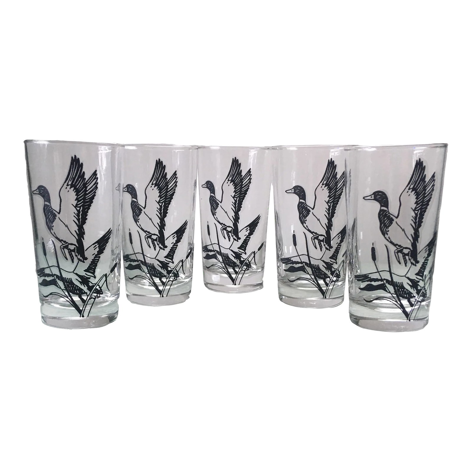 1960's Libbey Black Duck Pressed Glass Tumblers- Set of 5: A charming set of vintage outdoors glassware featuring a pair of mallard ducks in flight done in a pen and ink style. Ships within 1-2 days using USPS. All items packed with care. Please contact us