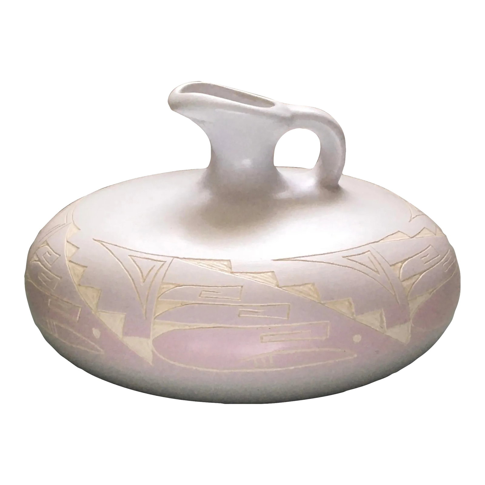 1980's Southwestern Pastel Decorative Jug: A beautiful geometric pattern jar with an inscribed pattern in white inspired by traditional southwestern style art in a late 20th century pastel color palette with a gradient from palest blue to a
