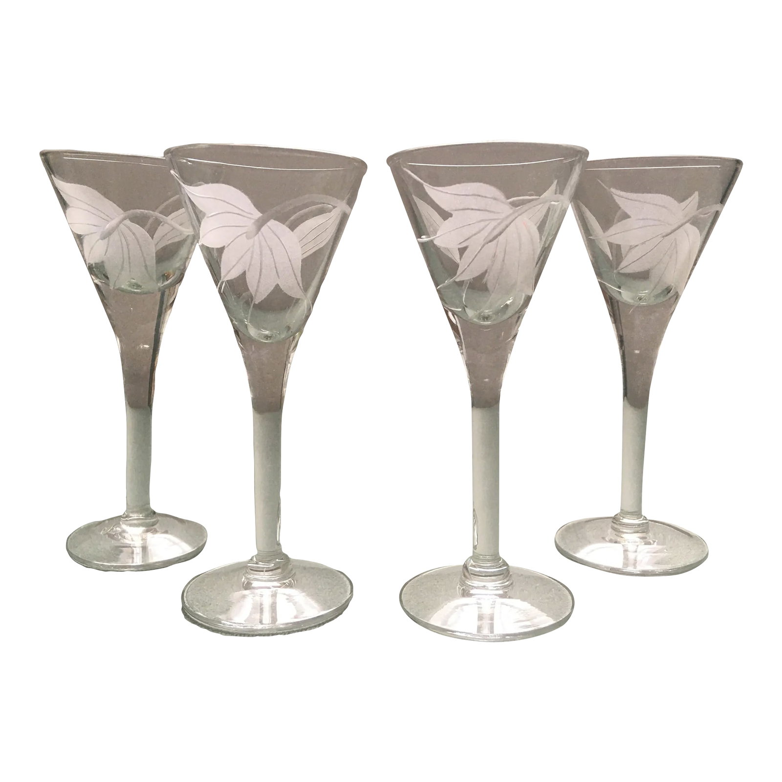 Late 20th Century Floral Frosted Glass Liqueur Glasses- Set of 4: A charming set of etched stemmed liqueur glasses in excellent condition. Ships within 1-2 days using USPS. All items packed with care. Please contact us with any questions. Arrives within 2-5
