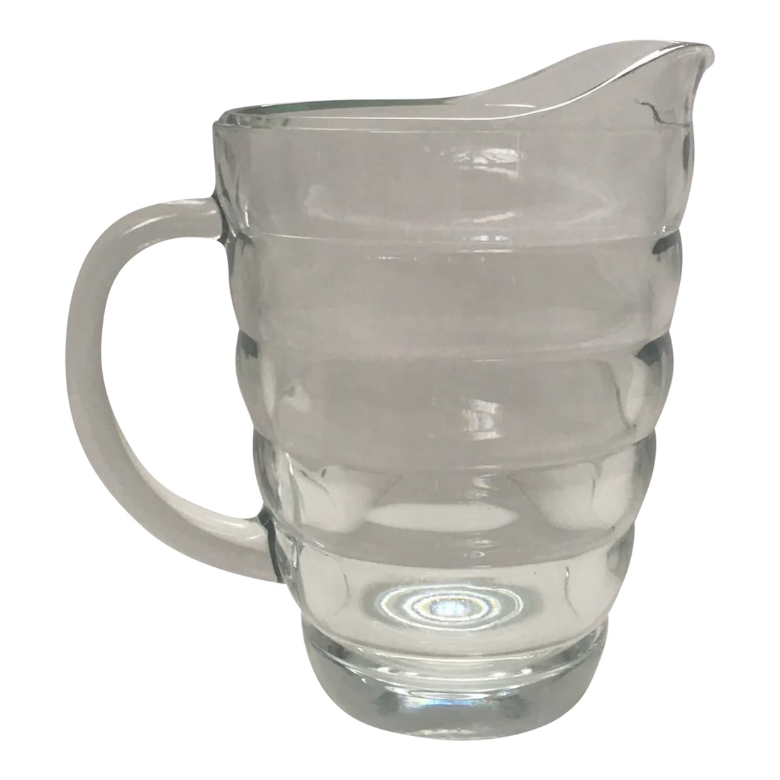 Vintage Art Deco Ringed Glass Pitcher: A classic heavy glass pitcher dating from 1940's-1950's in a simple optic ringed design with no chips or cracks. Ships within 1-2 days using USPS. All items packed with care. Please contact us with