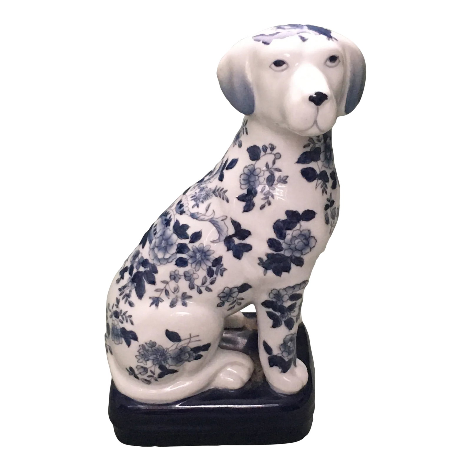 Vintage Mid 20th Century Blue & White Floral China Dog: A charming Staffordshire-style china dog statue in very good condition. Ships within 1-2 days using USPS. All items packed with care. Please contact us with any questions. Arrives within 2-5 business