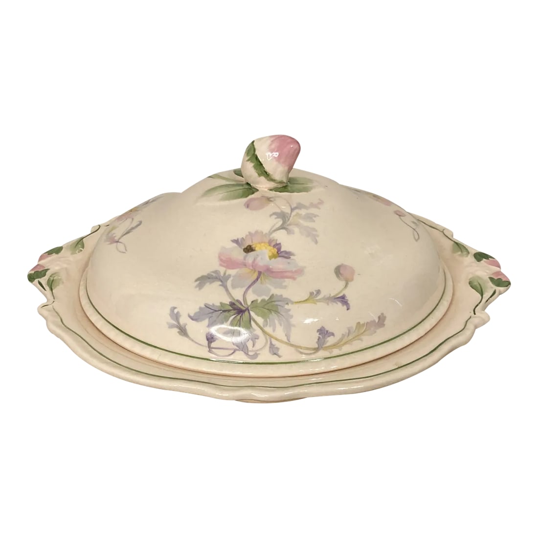 Early 1900's Steubenville Rose Dawn Pink Serving Dish With Lid: A lovely vintage Steubenville Pottery covered vegetable bowl in the sought-after Rose Dawn pattern. This elegant serving piece features delicate pink floral sprays, a soft blush-toned glaze, and a