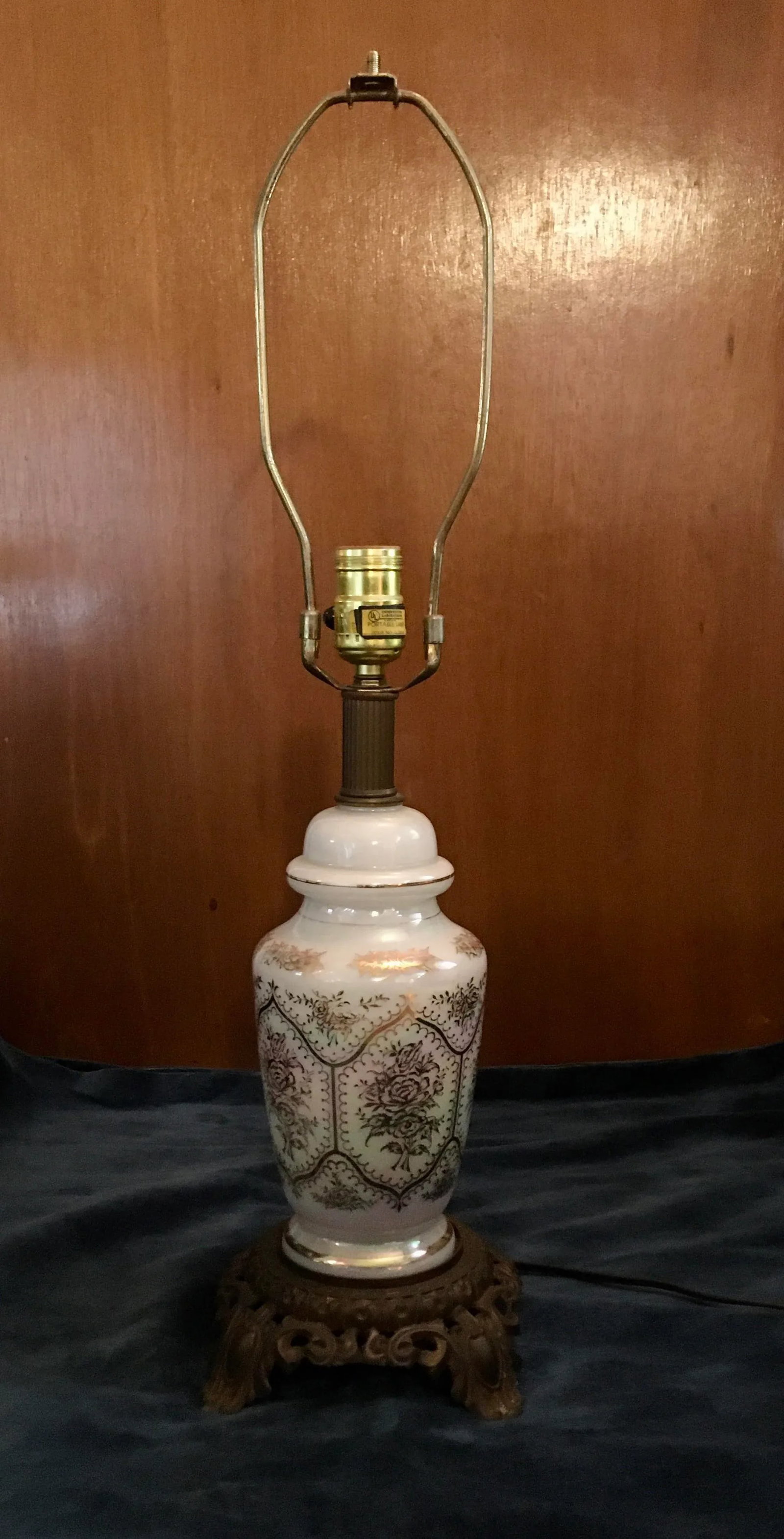 Vintage Mid 20th Century Gold Scrollwork Iridescent Phoenix Glass Table Lamp - 2