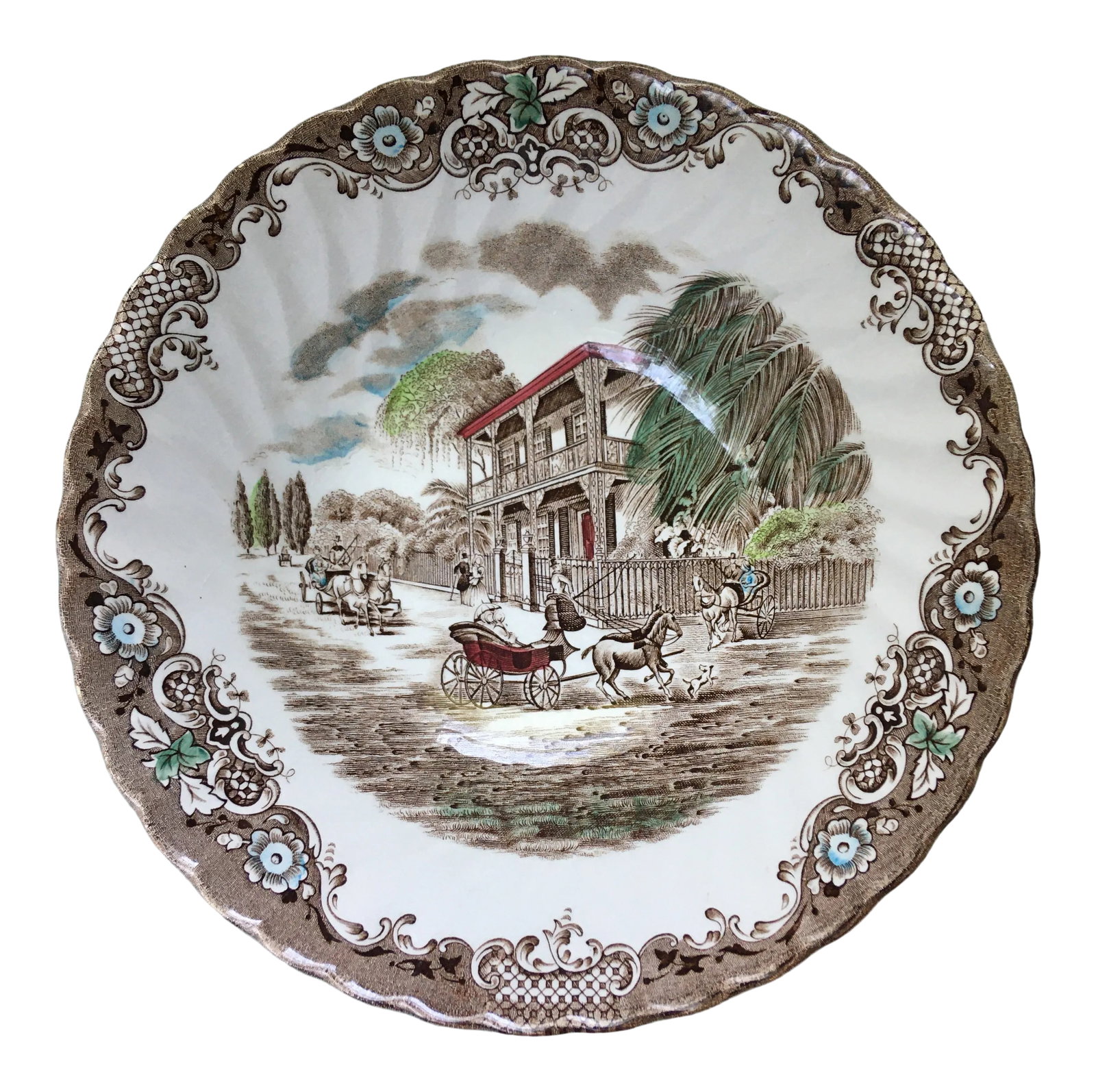 Mid 20th Century Johnson Brothers Transfer-Ware Serving Bowl: An interesting transfer-ware bowl featuring a "typical home of the "Vieux Carre" district of New Orleans" from the Heritage Hall series made by Johnson Brothers in Staffordshire, England. In addition
